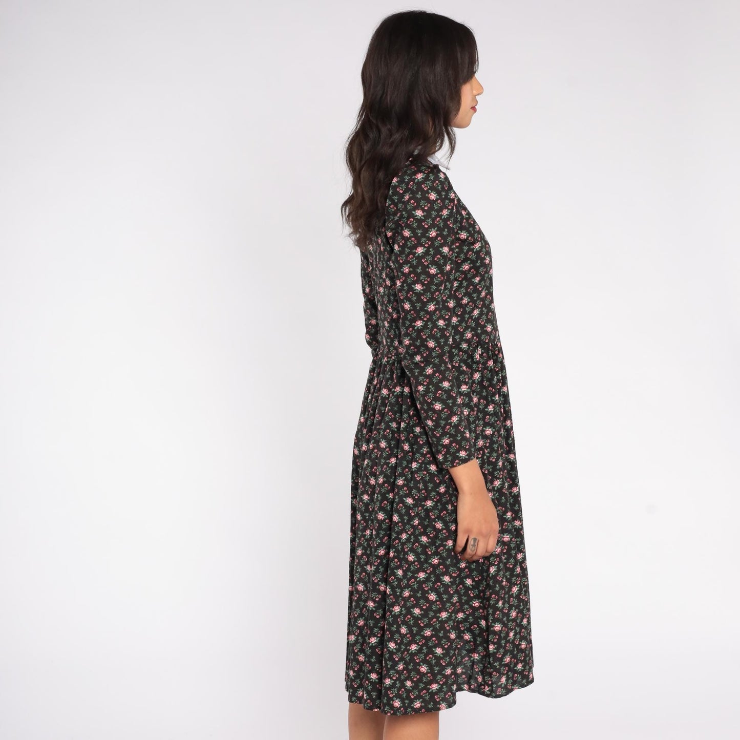 70s Floral Prairie Dress Rose Print Black Lace Collar Midi Medium M