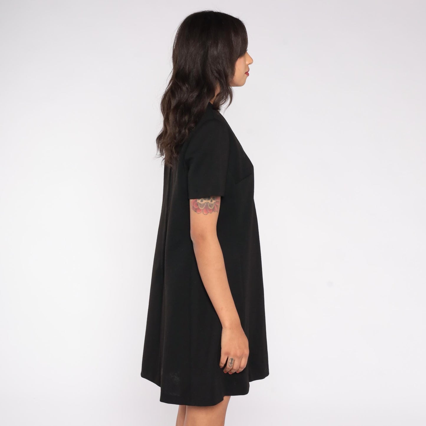 60s Black Wool Mini Shift Dress Short Sleeve Wrap Front Mod Extra Large XL