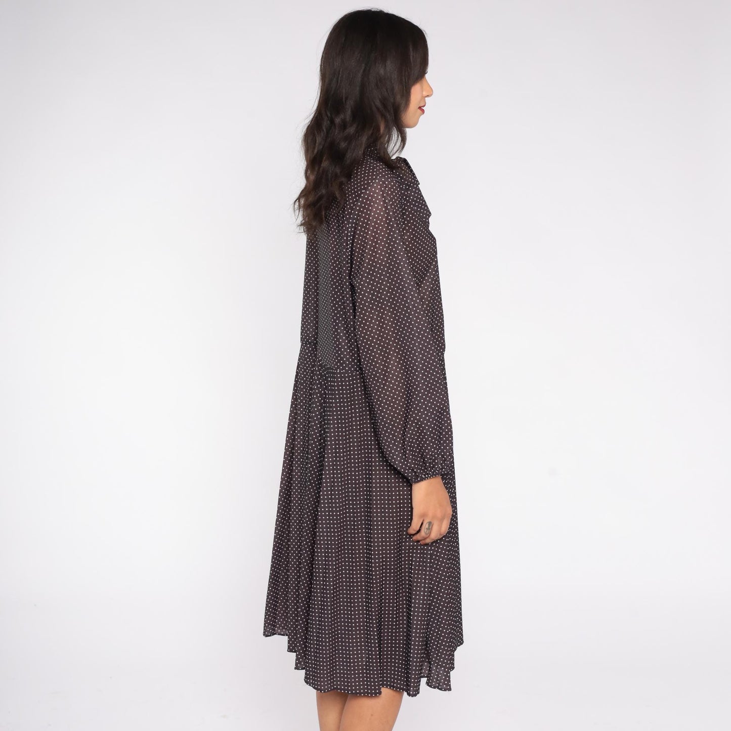 70s Brown Polka Dot Midi Dress Pussy Bow Neckline Button Front Pleated Extra Large