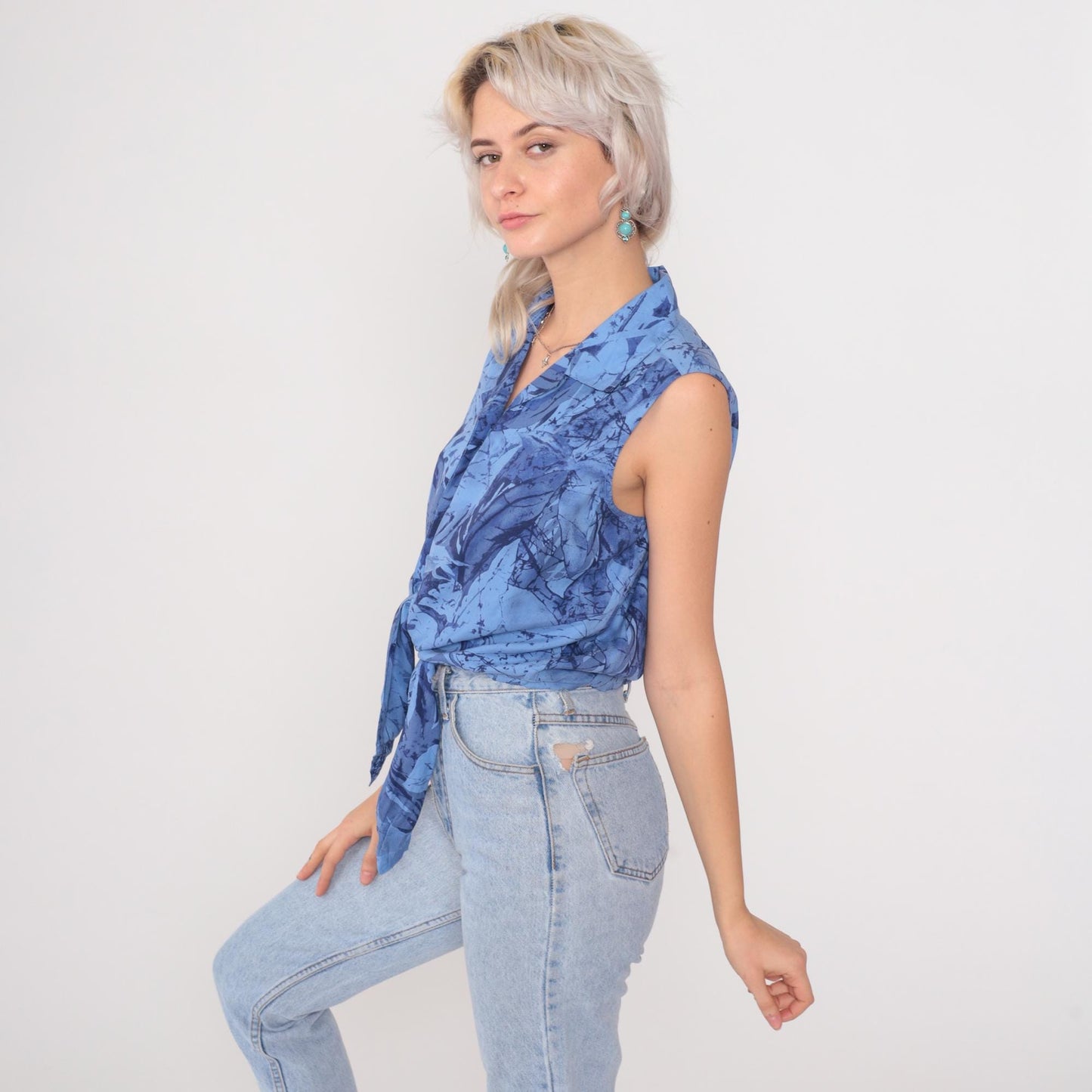 Y2K Blue Silk Crop Top Tropical Leaf Print Tie Front Collared Blouse Medium M