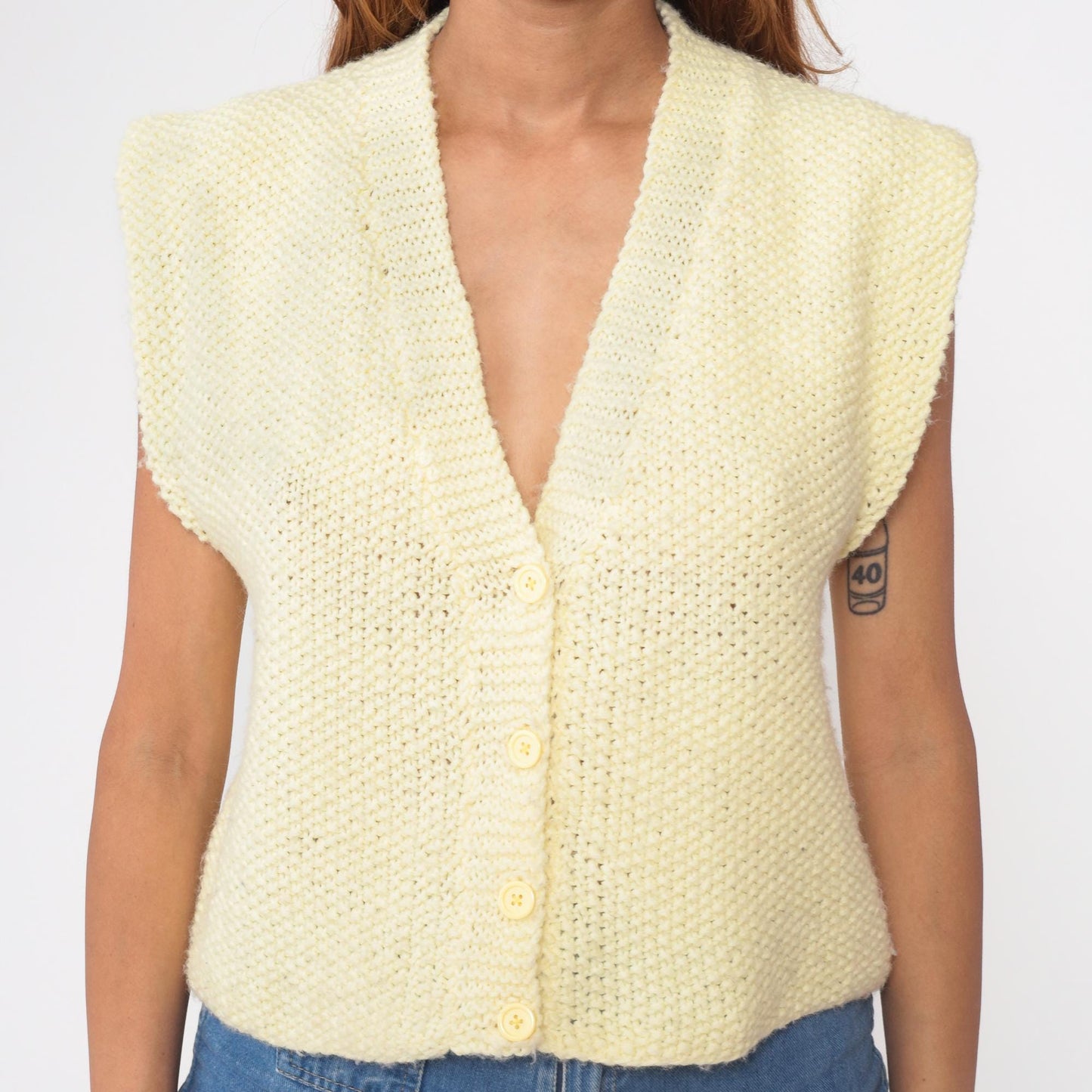 80s Yellow Sweater Vest Button-Up Deep V-Neck Sleeveless Knit Small