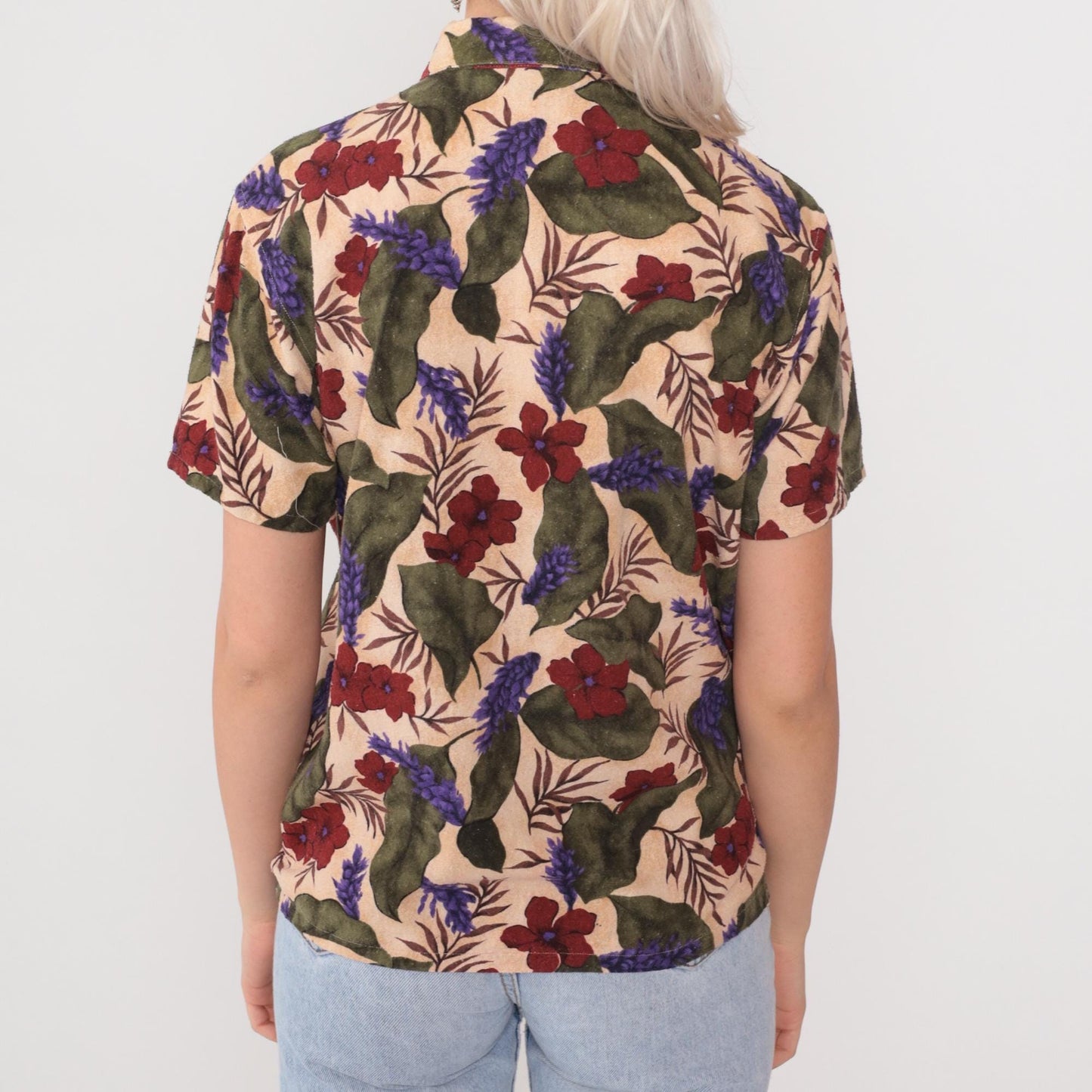 90s Selene Sport Silk Floral Button-Down Blouse Beige Hibiscus Small S