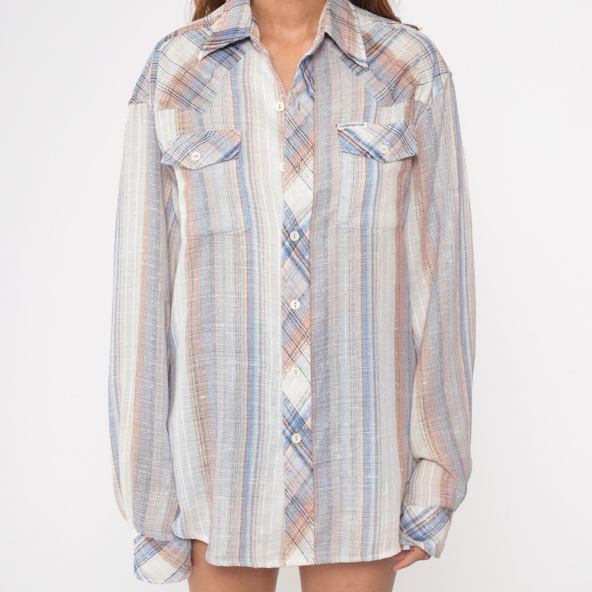 70s Kennington Western Shirt Pearl Snap Plaid Blue Peach Cotton Extra Large XL