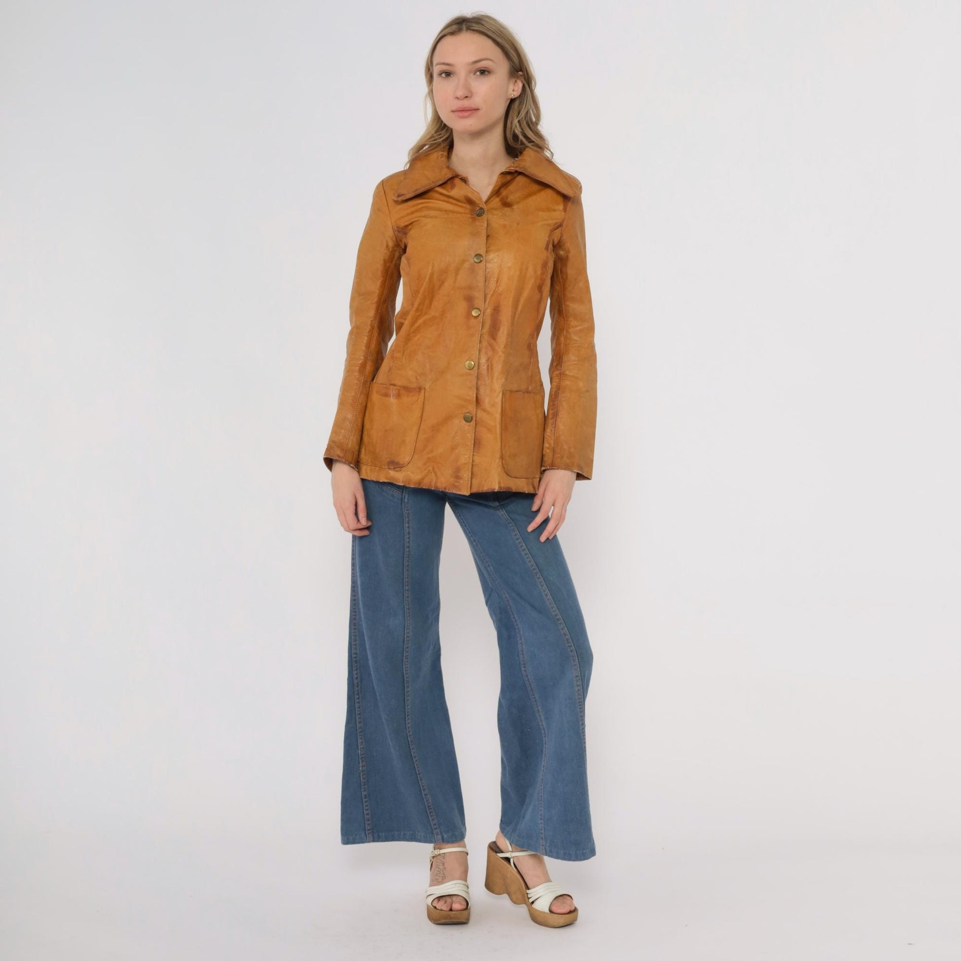 70s Tan Leather Jacket Button Front Pointed Collar Distressed XS