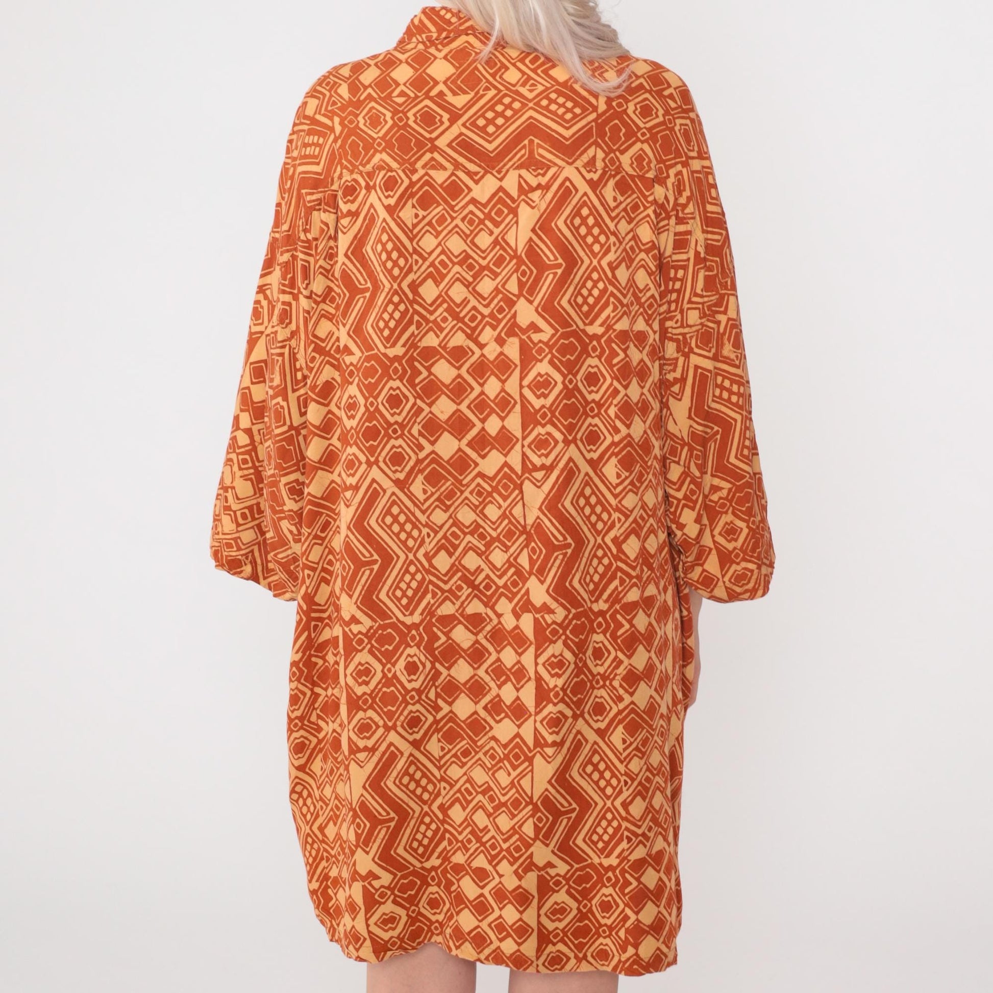 90s Noa Noa Hawaiian Shirt Dress Orange Rayon Tapa Print Midi XL