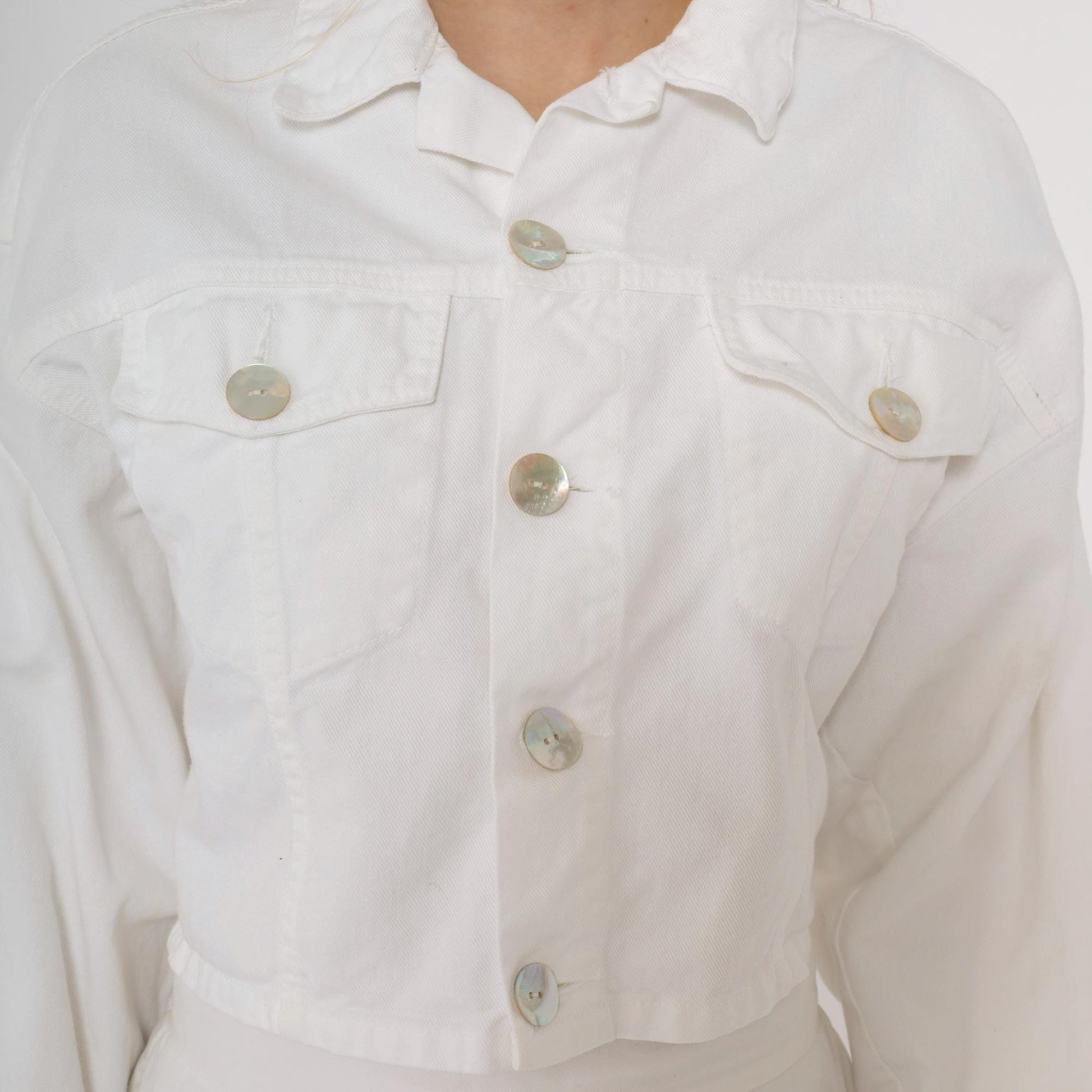 90s Bongo White Denim Crop Jacket Button Up Collar Medium M