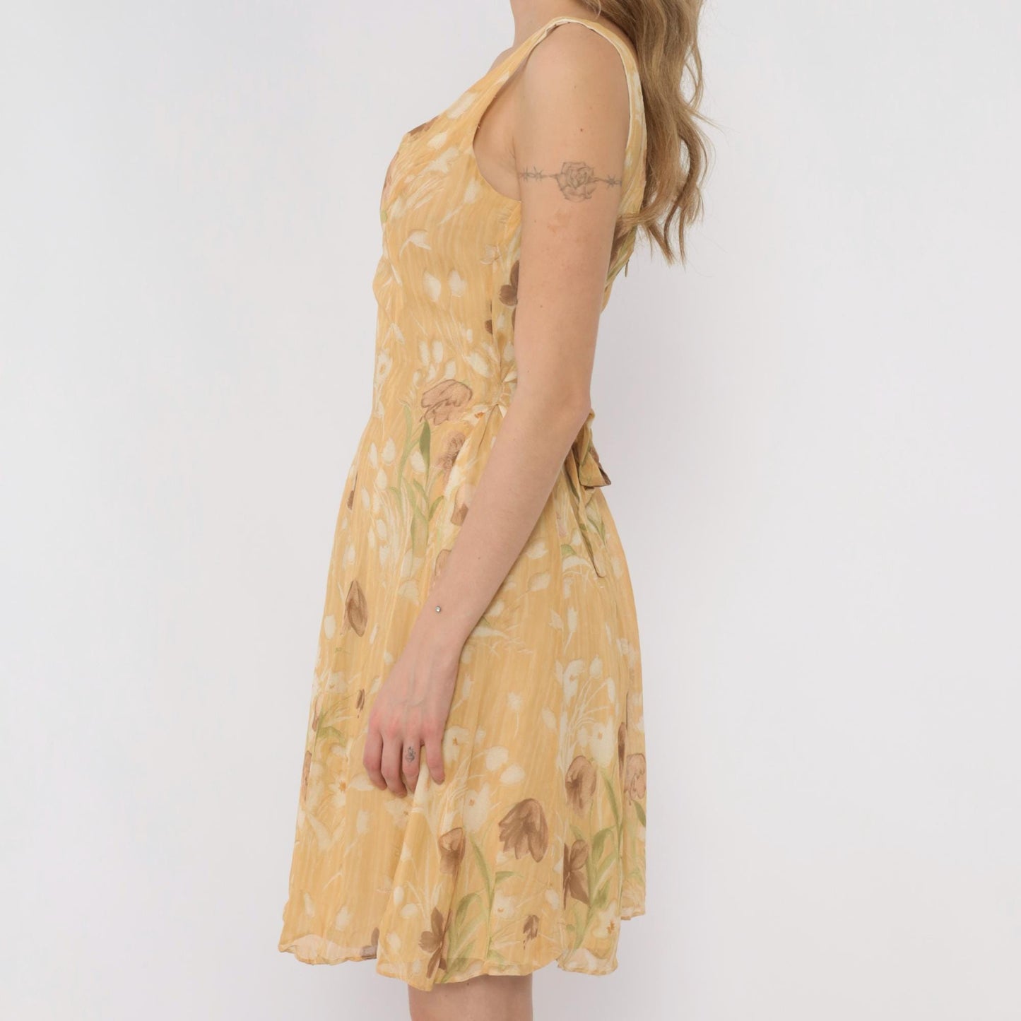90s Barami Silk Floral Sundress Yellow Daisy Mini Tank Scoop Neck Extra Small