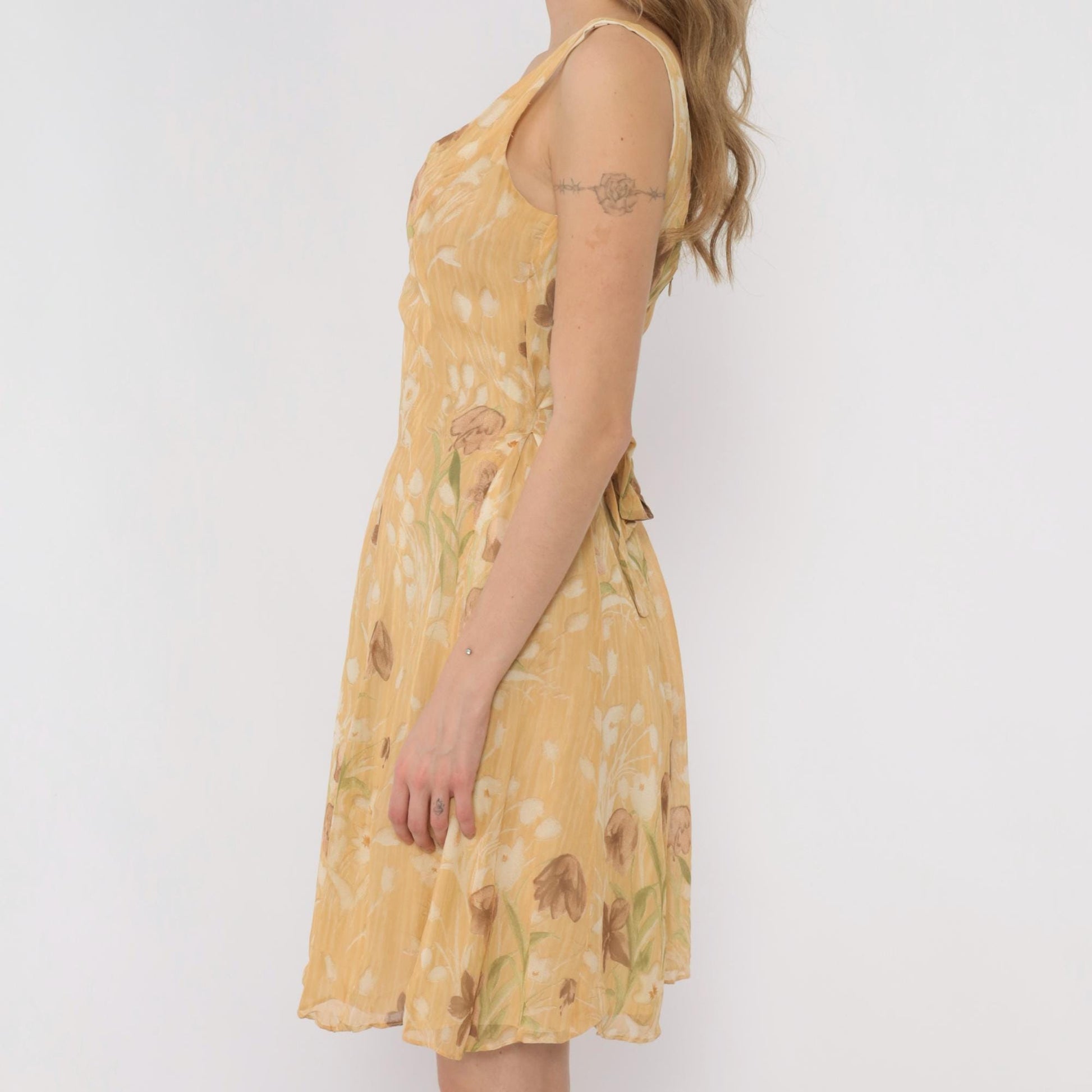 90s Barami Silk Floral Sundress Yellow Daisy Mini Tank Scoop Neck Extra Small
