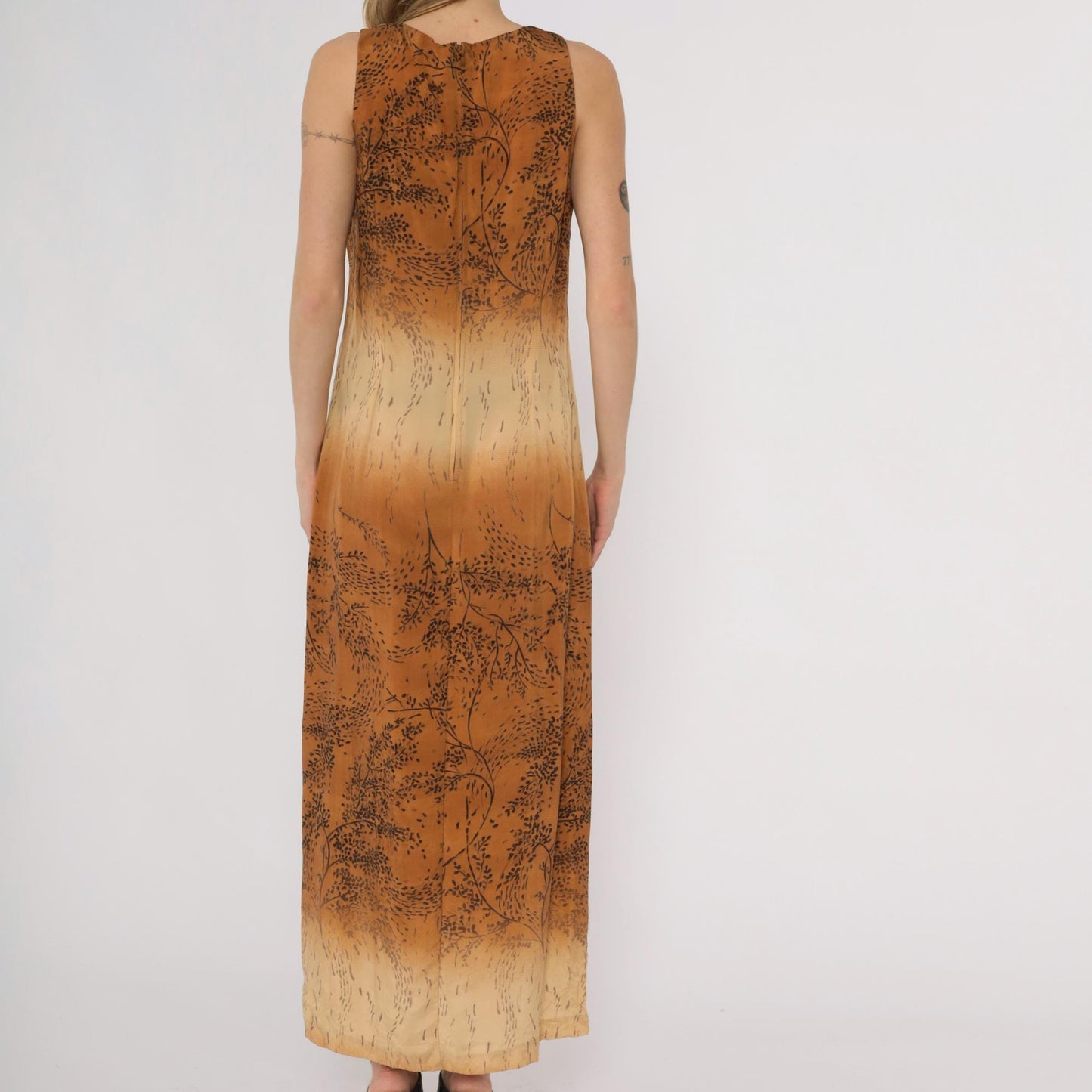 90s Karin Stevens Ombre Maxi Dress Brown Tan Botanical Sleeveless Medium M