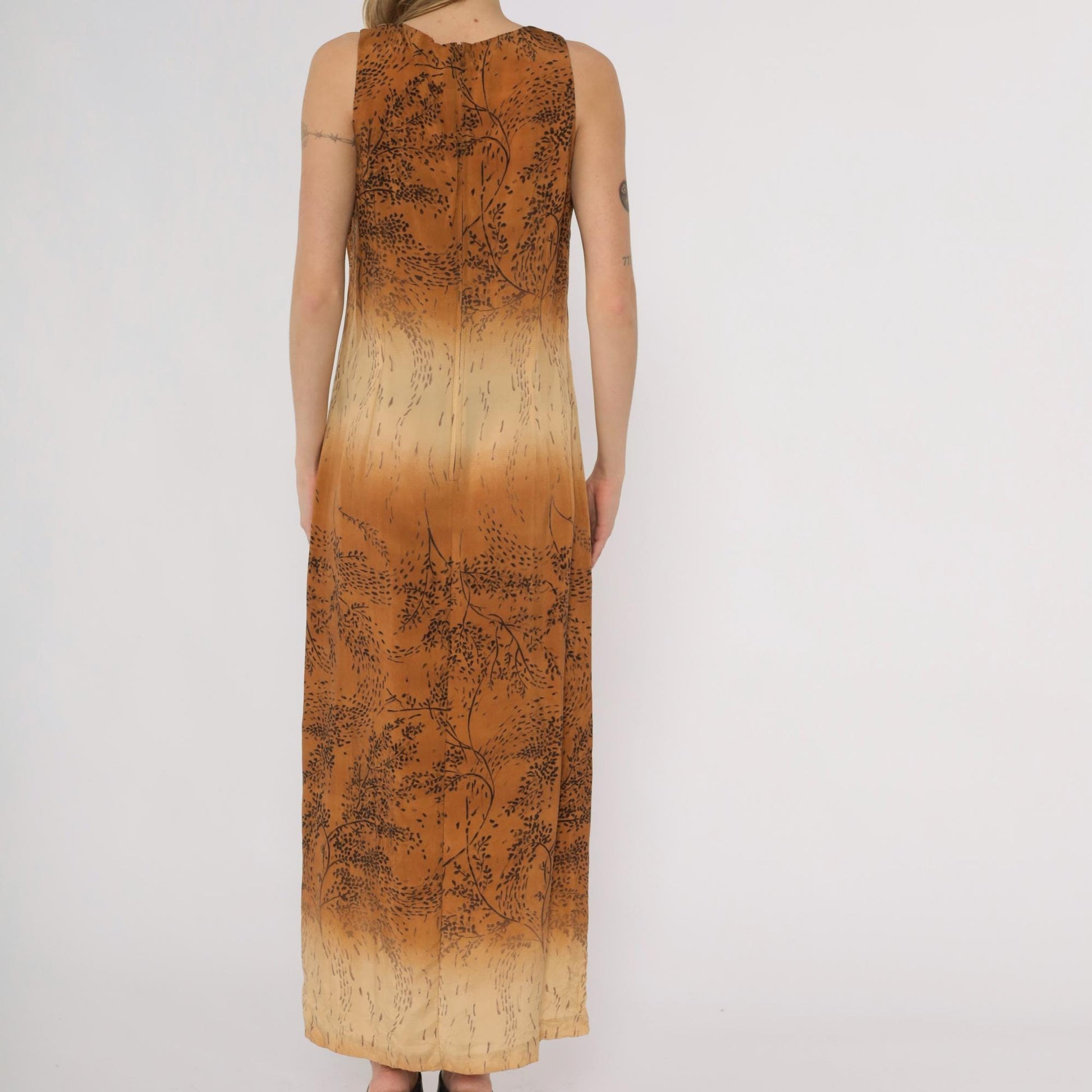 90s Karin Stevens Ombre Maxi Dress Brown Tan Botanical Sleeveless Medium M