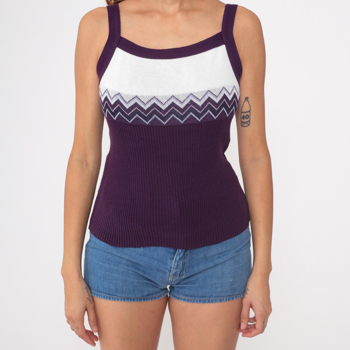 90s No Boundaries Chevron Tank Top Purple White Ribbed Small