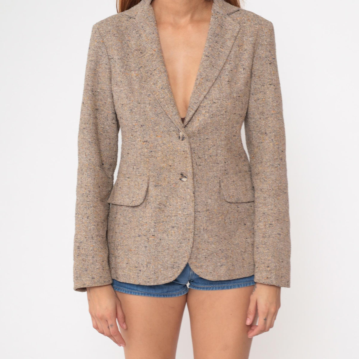 80s Tweed Blazer Oatmeal Beige Wool Blend Two-Button Tailored Jacket Small