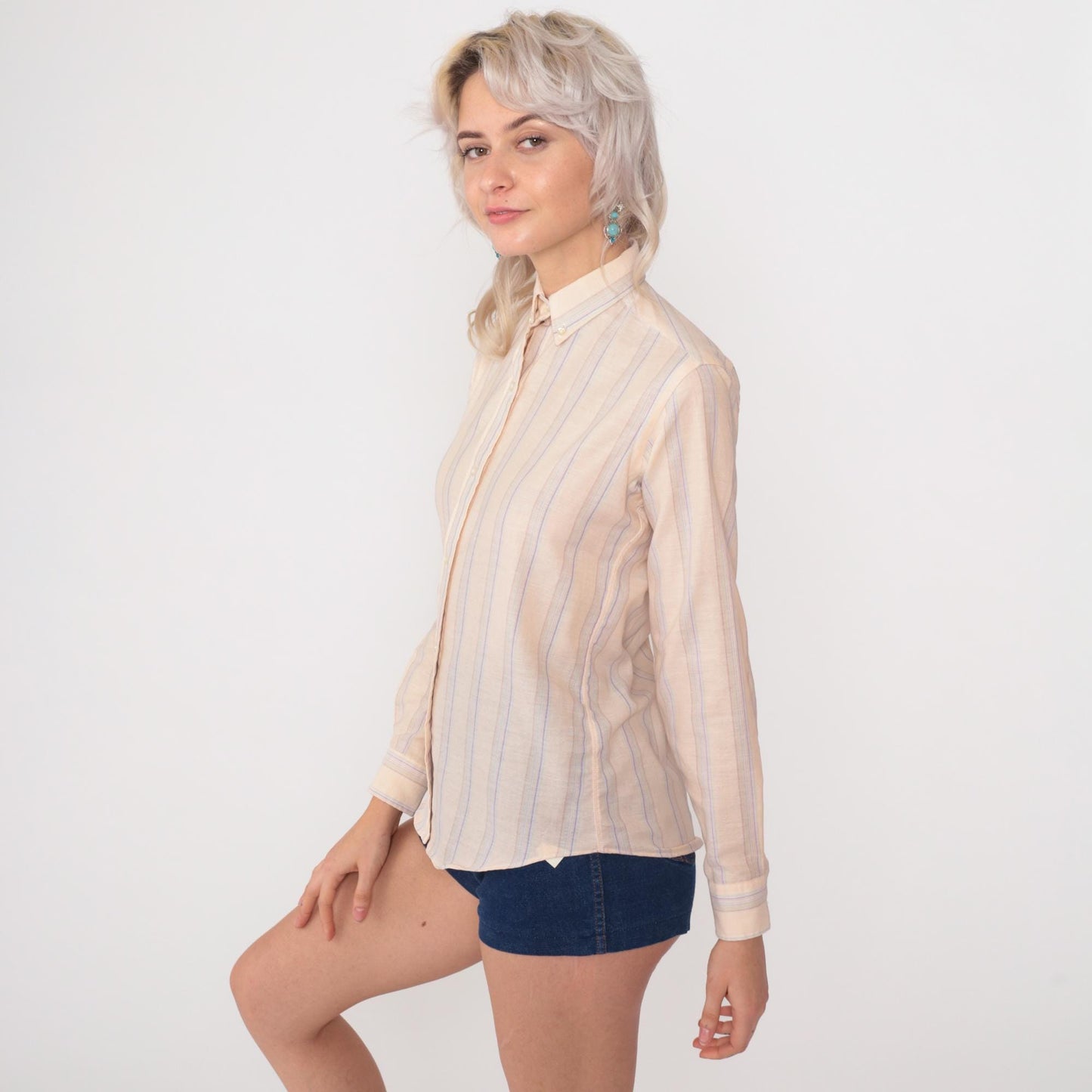 80s Mr Witt Striped Button Down Oxford Shirt Cream Lavender Blue Small S