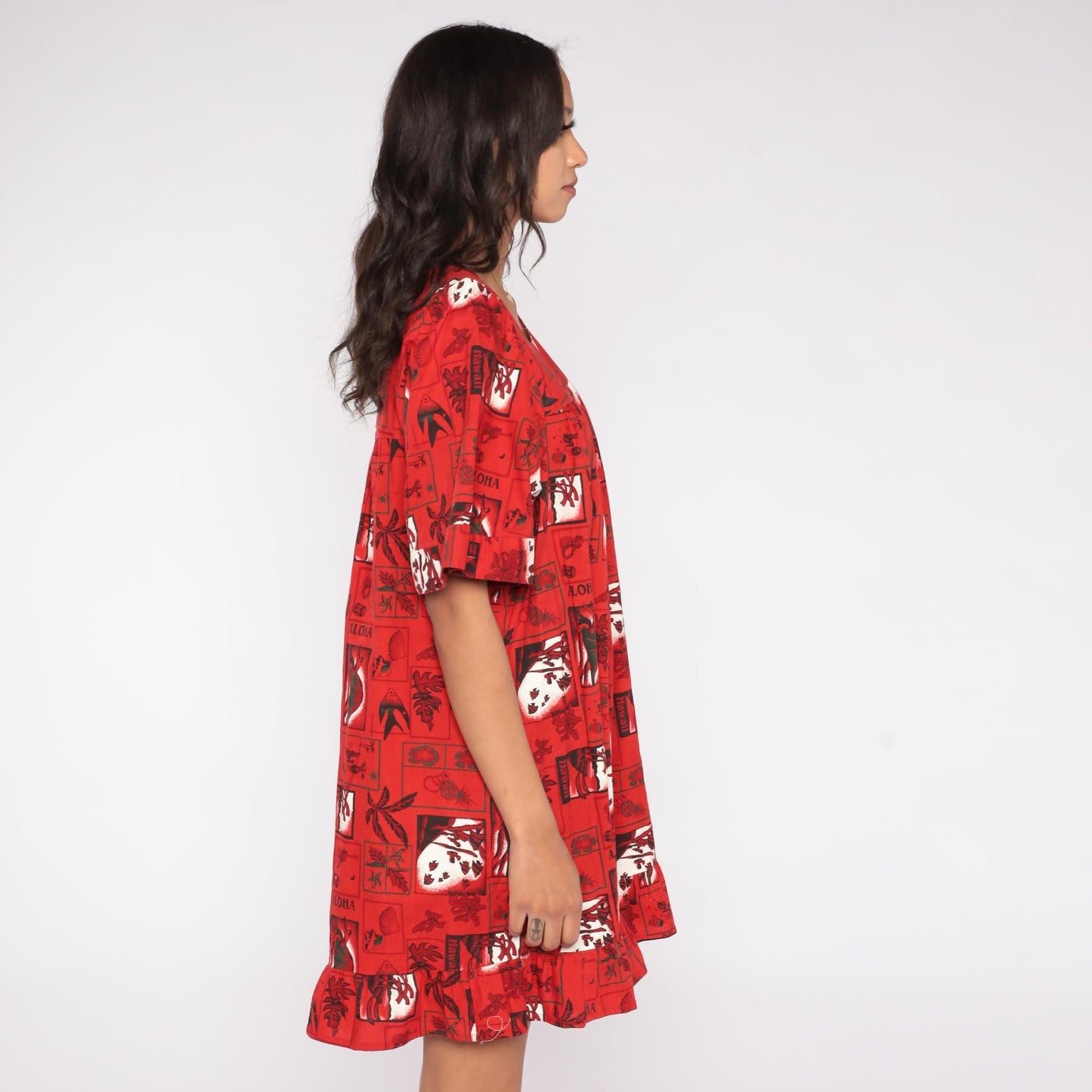 80s Hawaiian Cotton Mini Dress Pineapple Aloha Block Print Red Extra Large