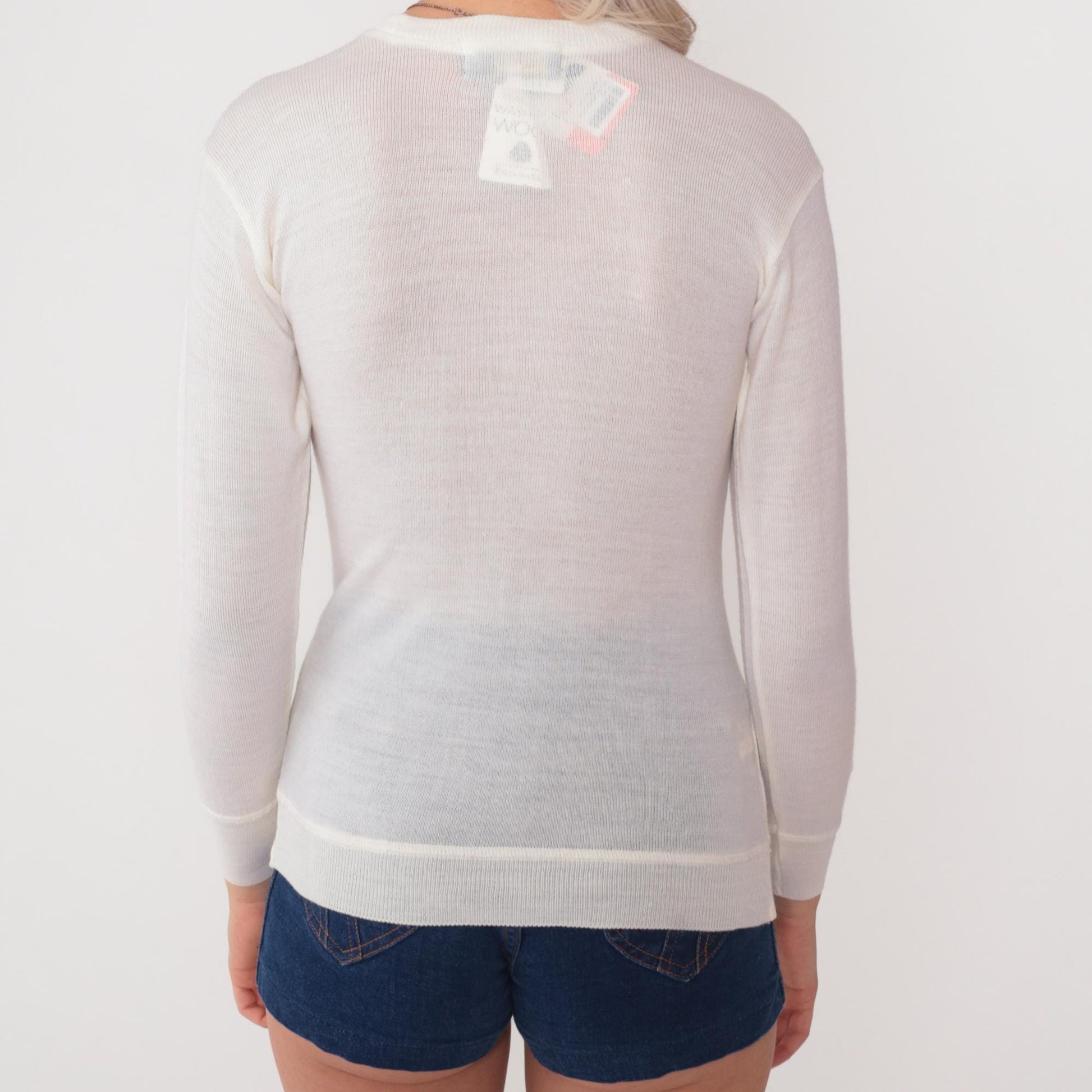 80s Snowflakes Wool Sweater Cream Ribbed Knit Crewneck XS