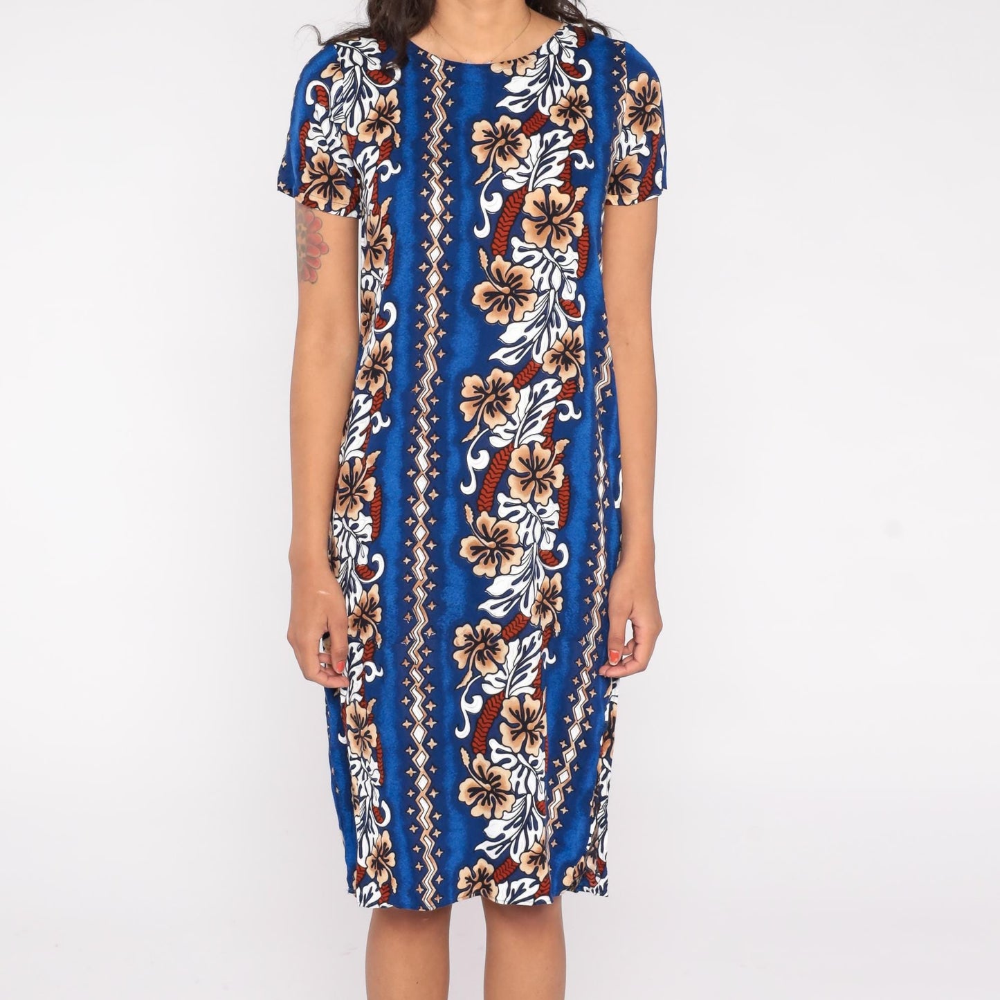 90s Blue Hawaiian Midi Dress Hibiscus Floral Stripe Rayon Small