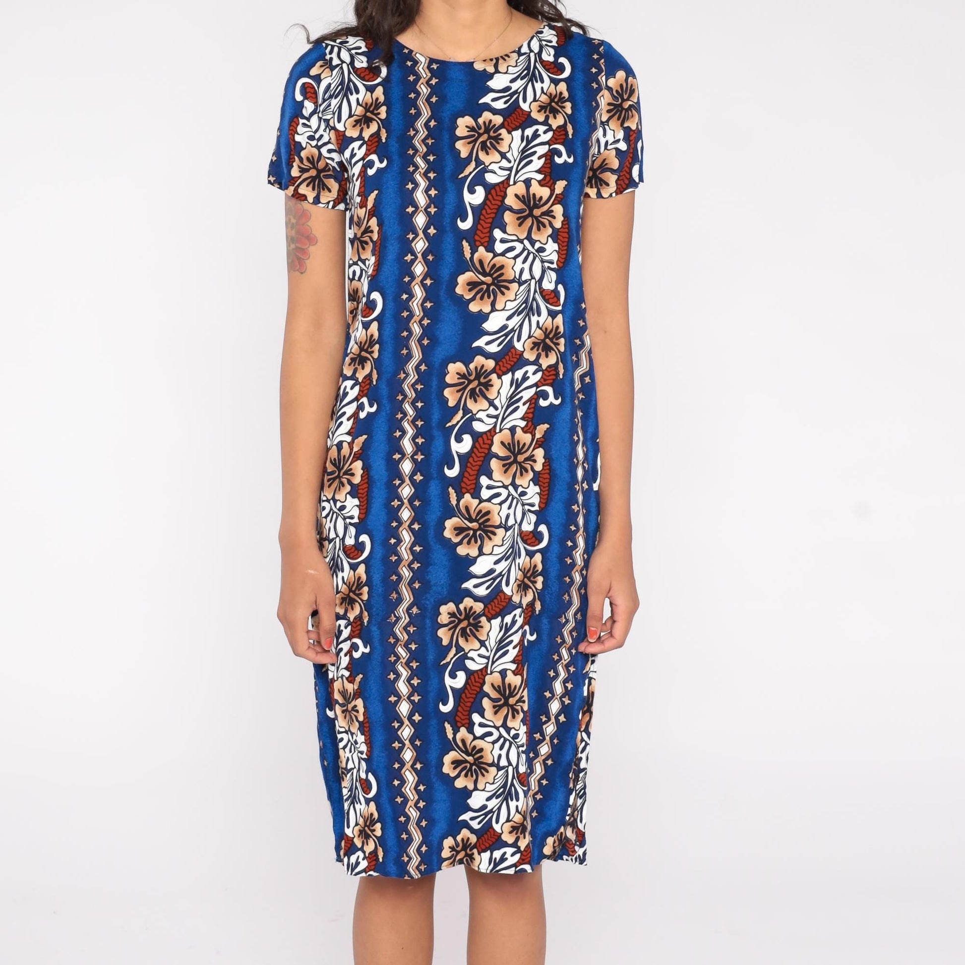 90s Blue Hawaiian Midi Dress Hibiscus Floral Stripe Rayon Small