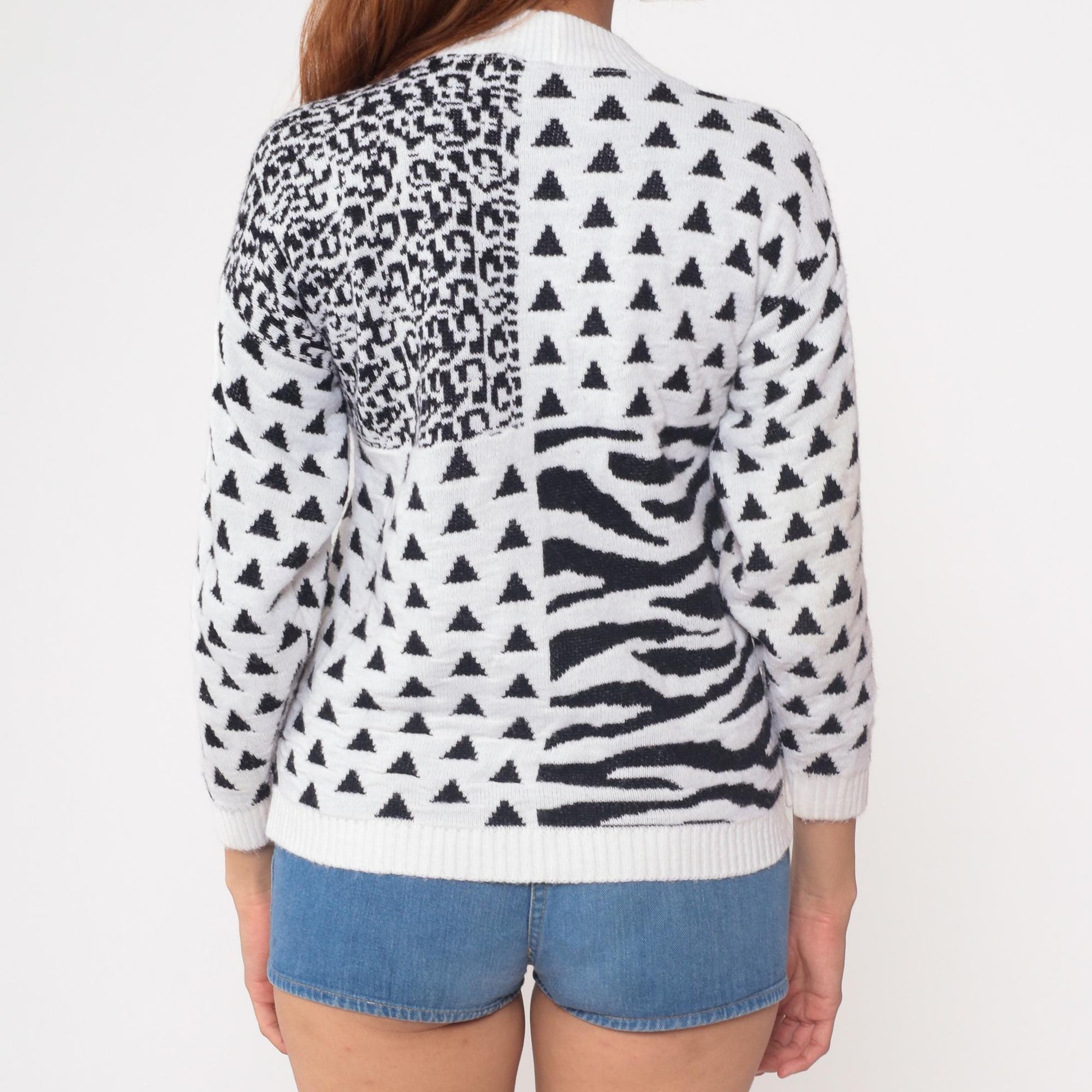 90s Animal Print Knit Sweater White Black Leopard Zebra Pullover Small S