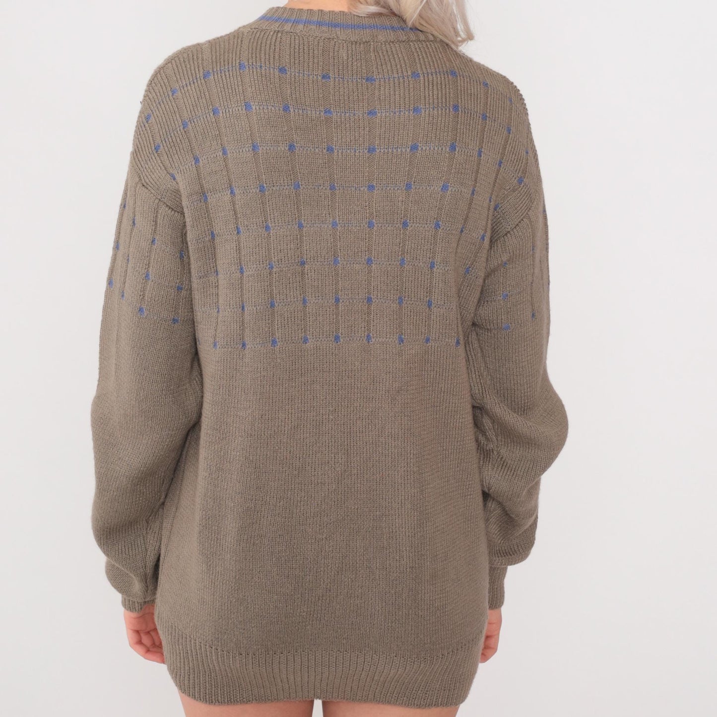 80s Gianfranco Ruffini Wool Sweater Taupe Grid Crewneck Drop Shoulder Large L