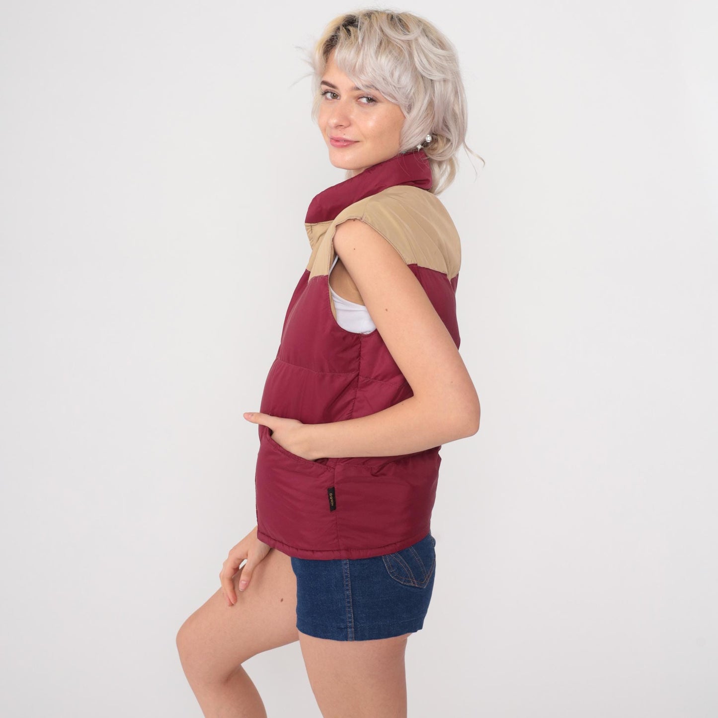 80s Pacific Trail Down Puffer Vest Burgundy Tan Yoke Zip Small