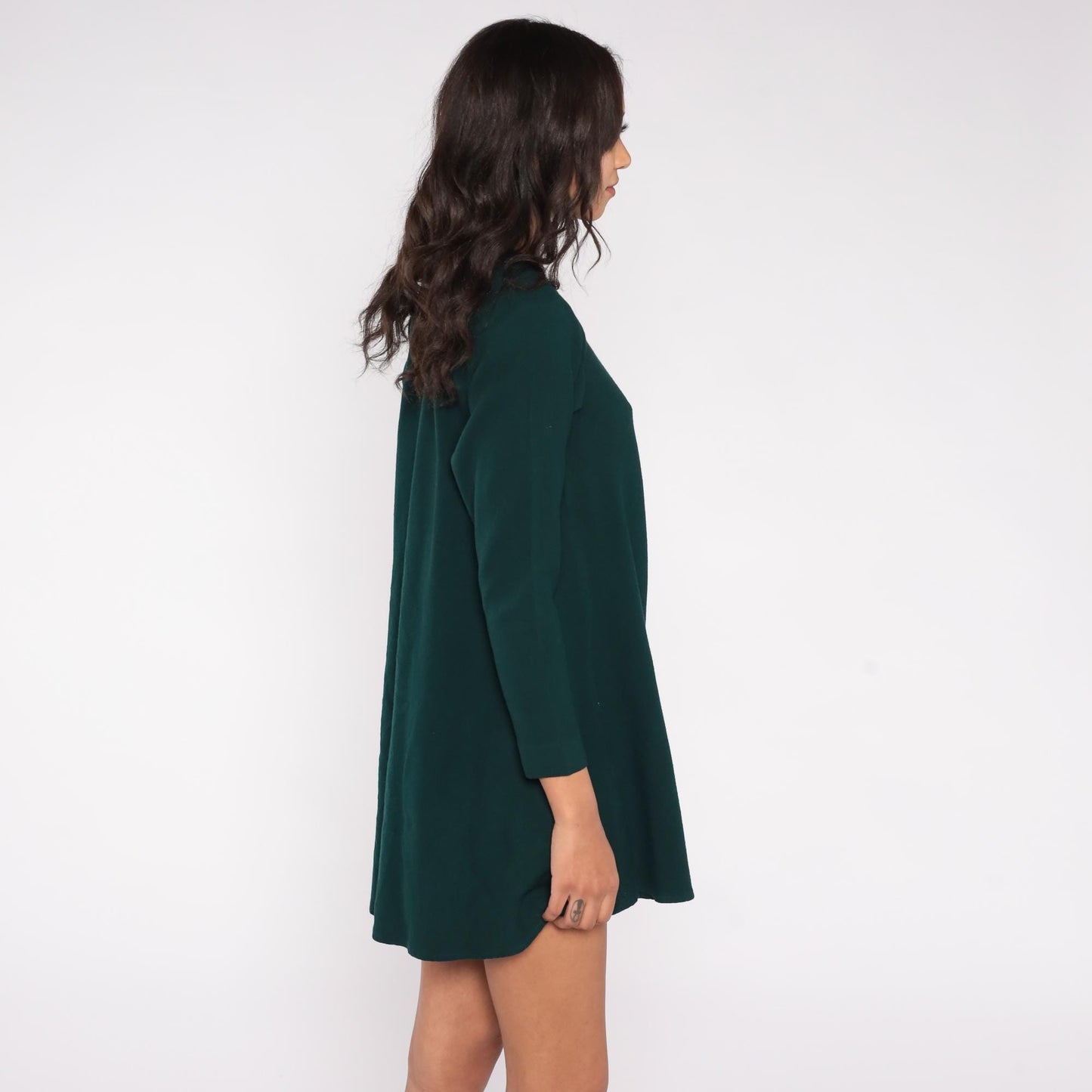 90s Forest Green Wool Blend Mini Dress Long Sleeve A-Line Back Zipper Small