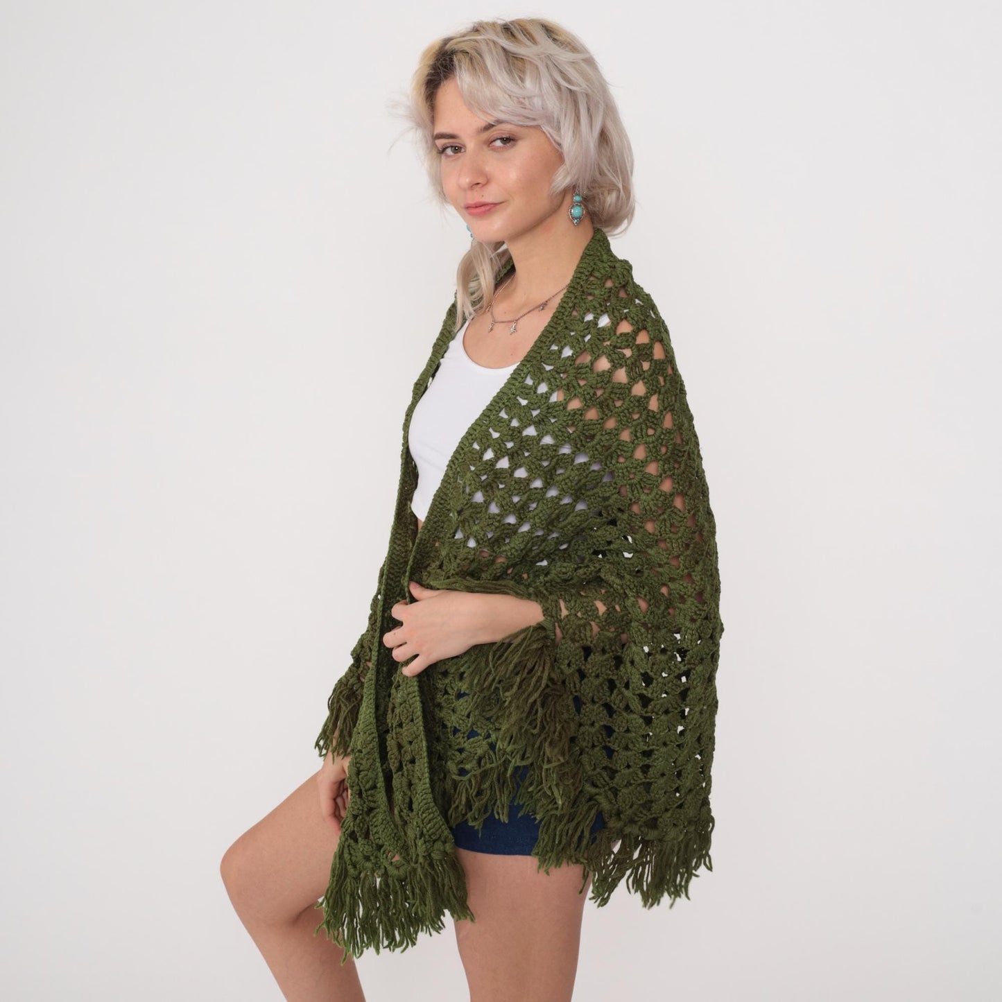 70s Olive Green Crochet Poncho Shawl Fringe Cape One Size