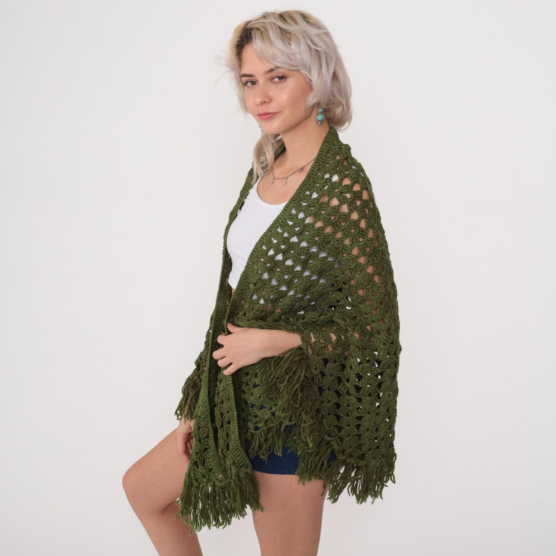 70s Olive Green Crochet Poncho Shawl Fringe Cape One Size