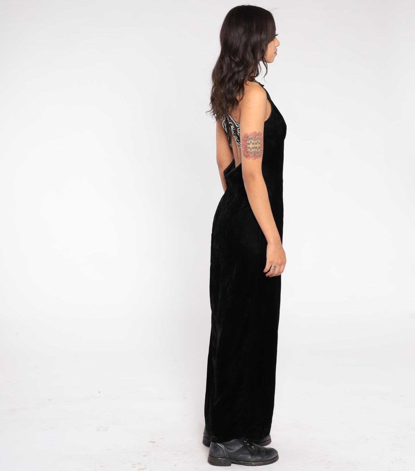 90s Roberta Black Velvet Maxi Gown Silver Embroidered Cross-Back Medium