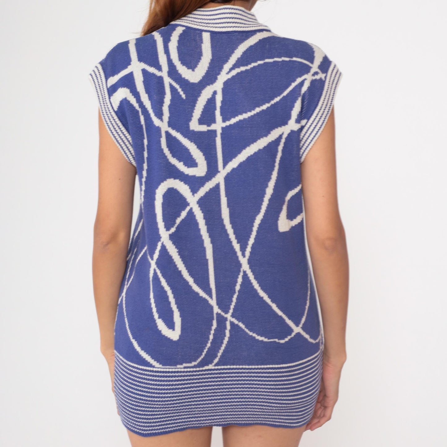 80s Richard & Co Periwinkle Geometric Knit Mock Neck Tunic Small