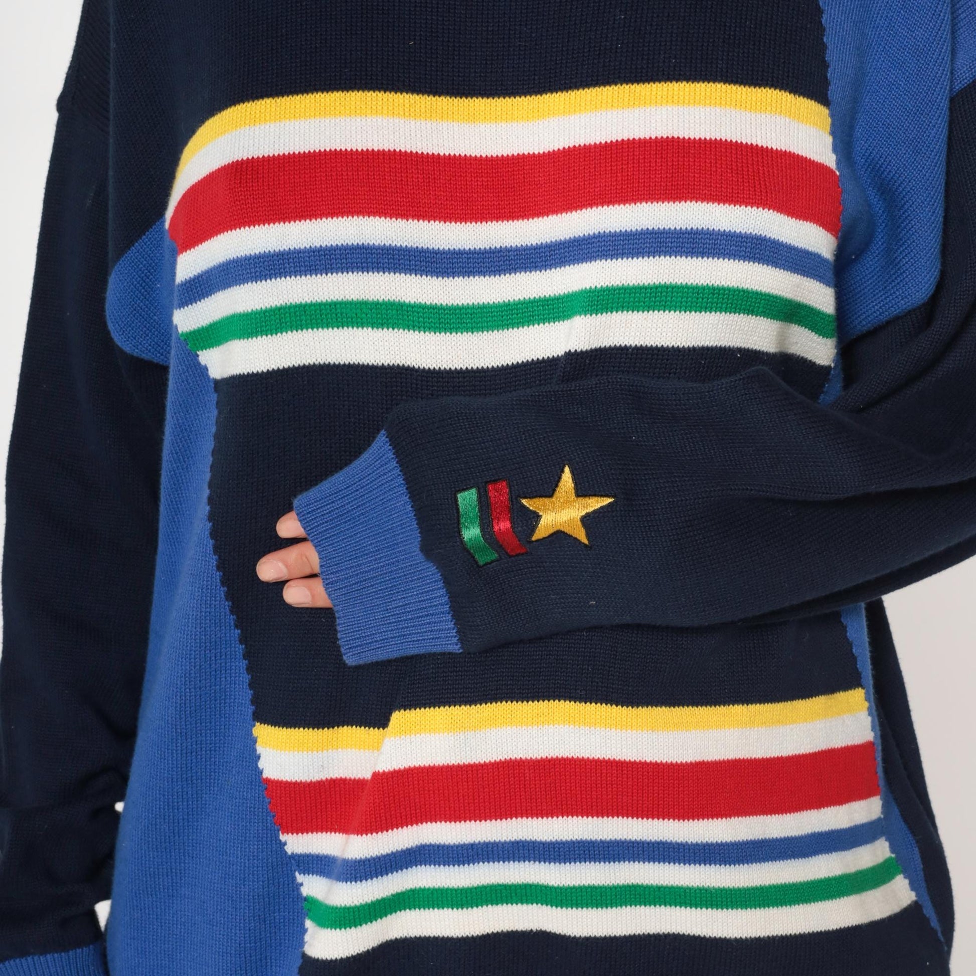 80s Navy Rainbow Stripe Knit Sweater Star Embroidered Colorblock Large
