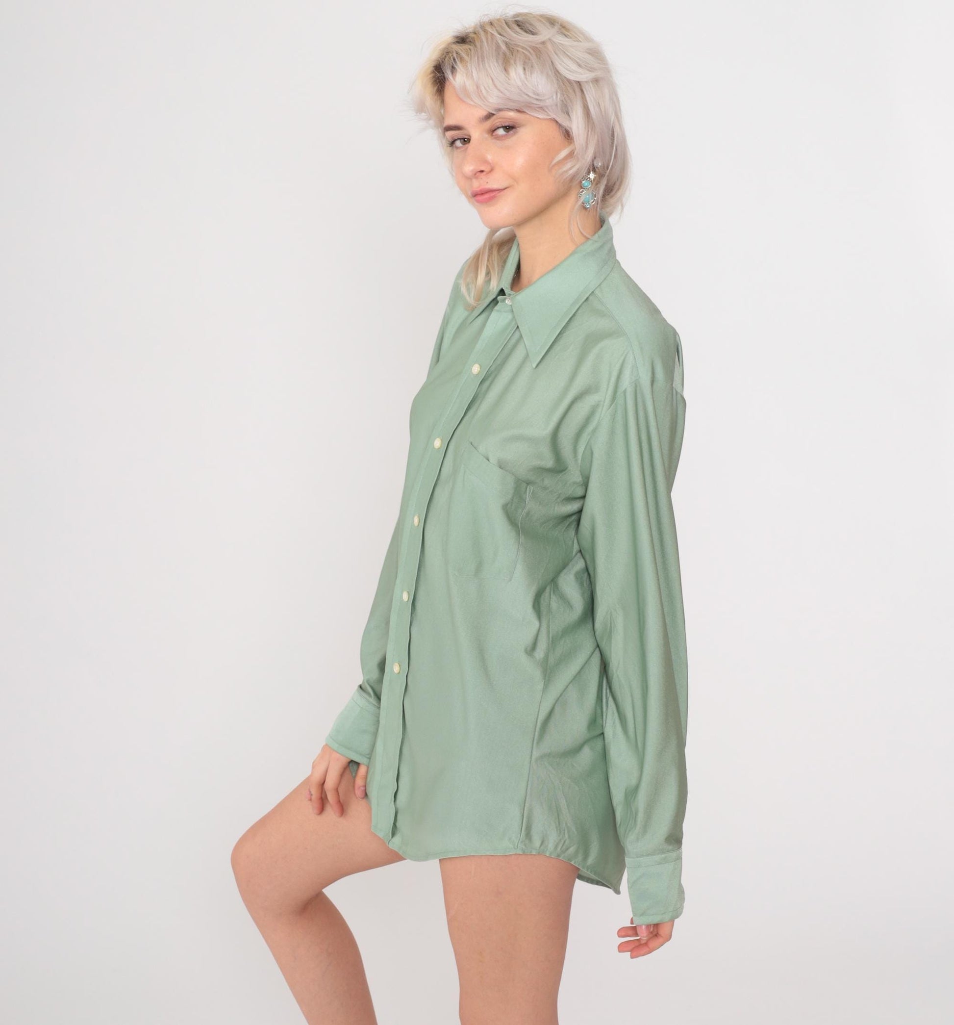 70s Qiana Sage Green Button-Up Shirt Pointed Collar Long Sleeve Large