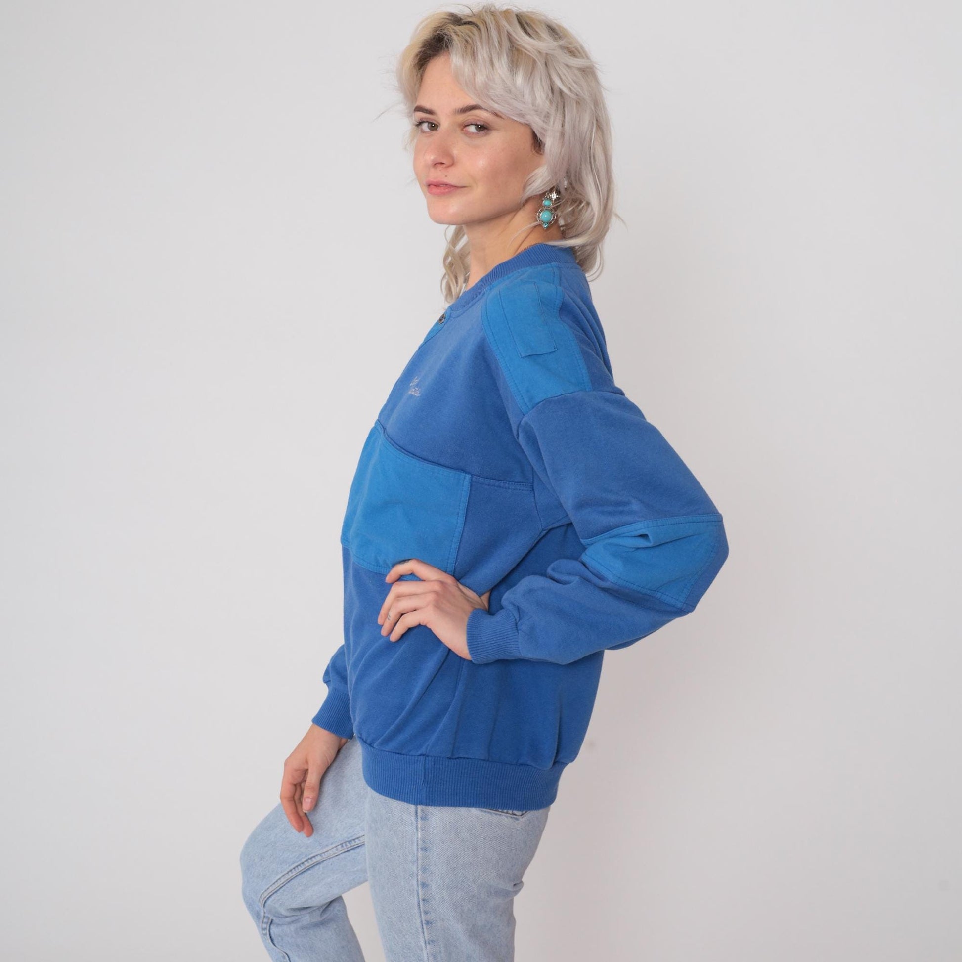 80s Copper Mountain Ski Henley Sweatshirt Blue Color Block Large L