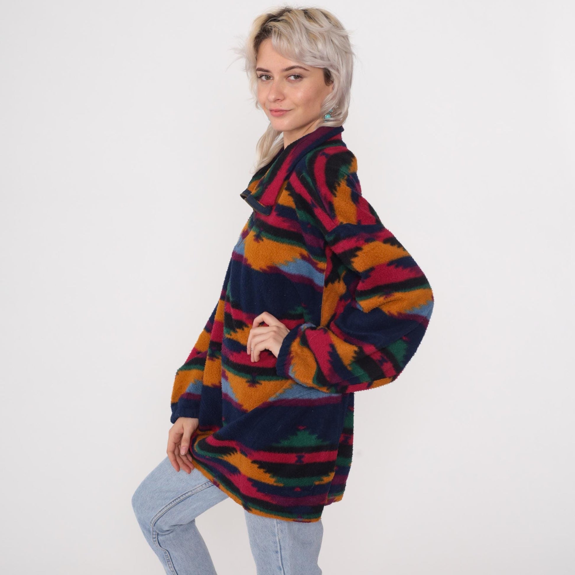 90s Denim Express Aztec Fleece Half-Zip Pullover Multicolor Tribal Large L