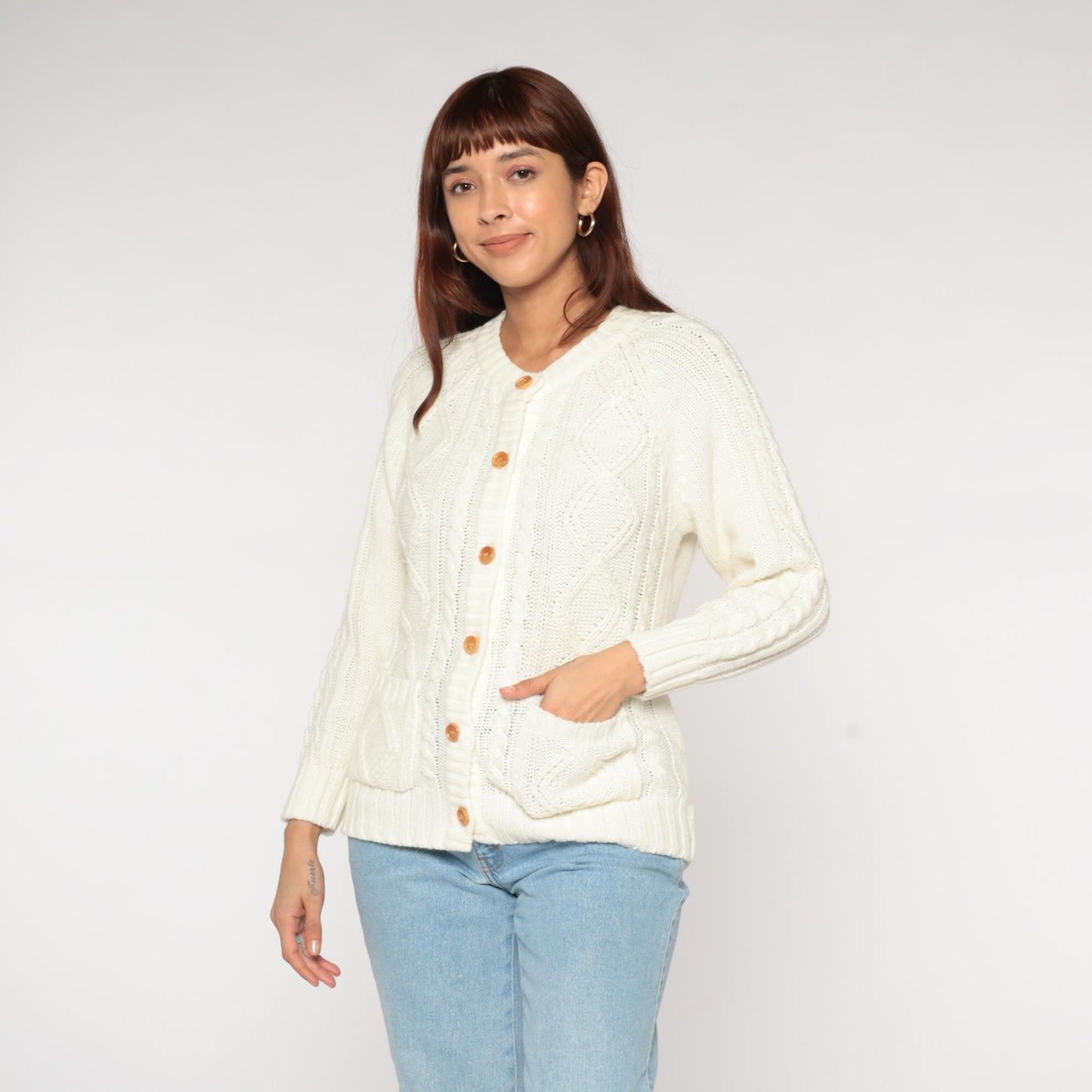 70s Knitivo Cable Knit Cardigan Cream Wood Buttons Pockets Medium M