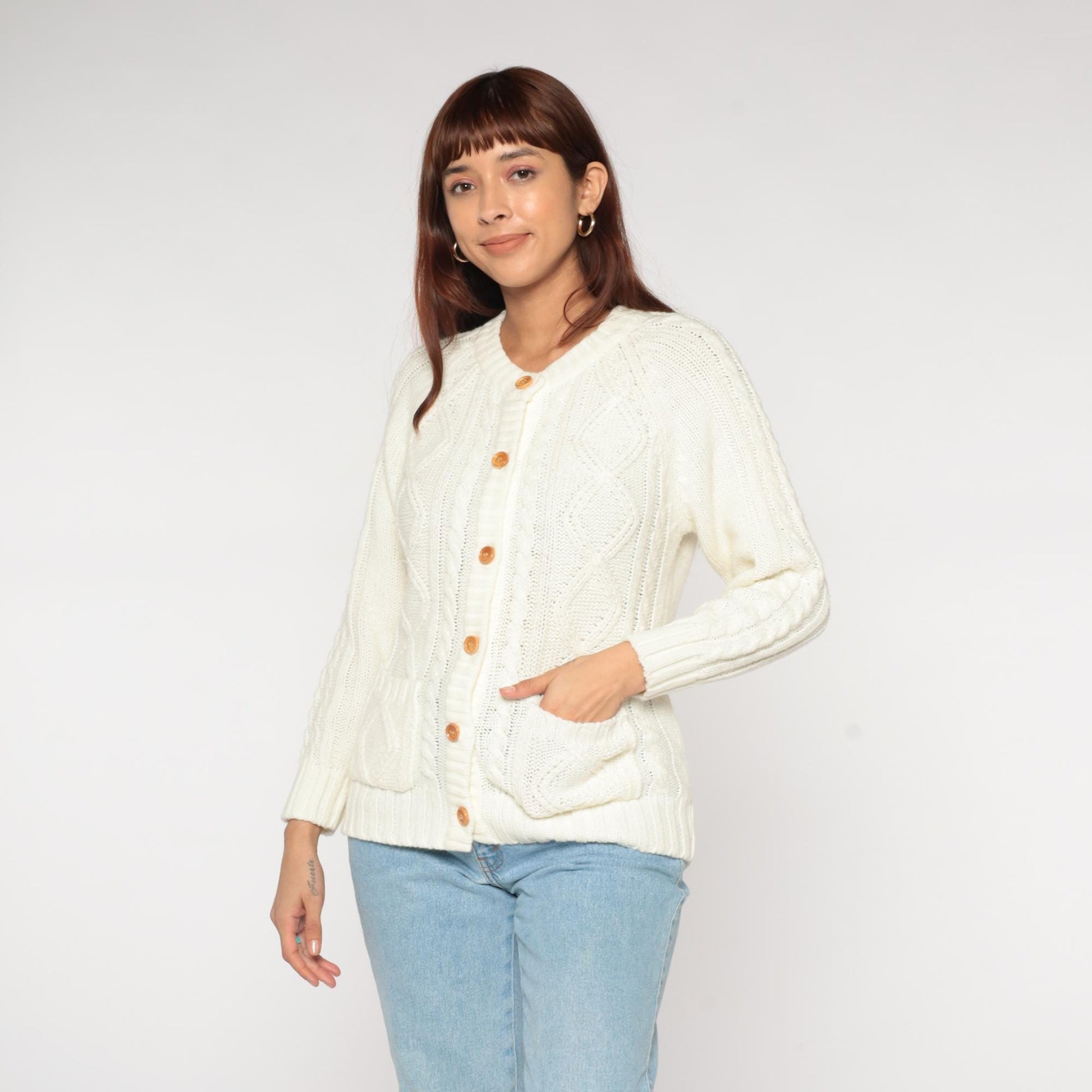 70s Knitivo Cable Knit Cardigan Cream Wood Buttons Pockets Medium M