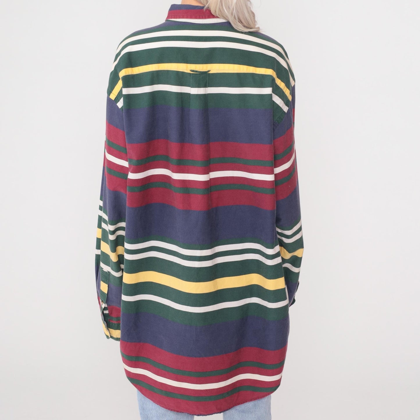 90s Nautica Striped Cotton Button Down Shirt Navy Burgundy Green XL