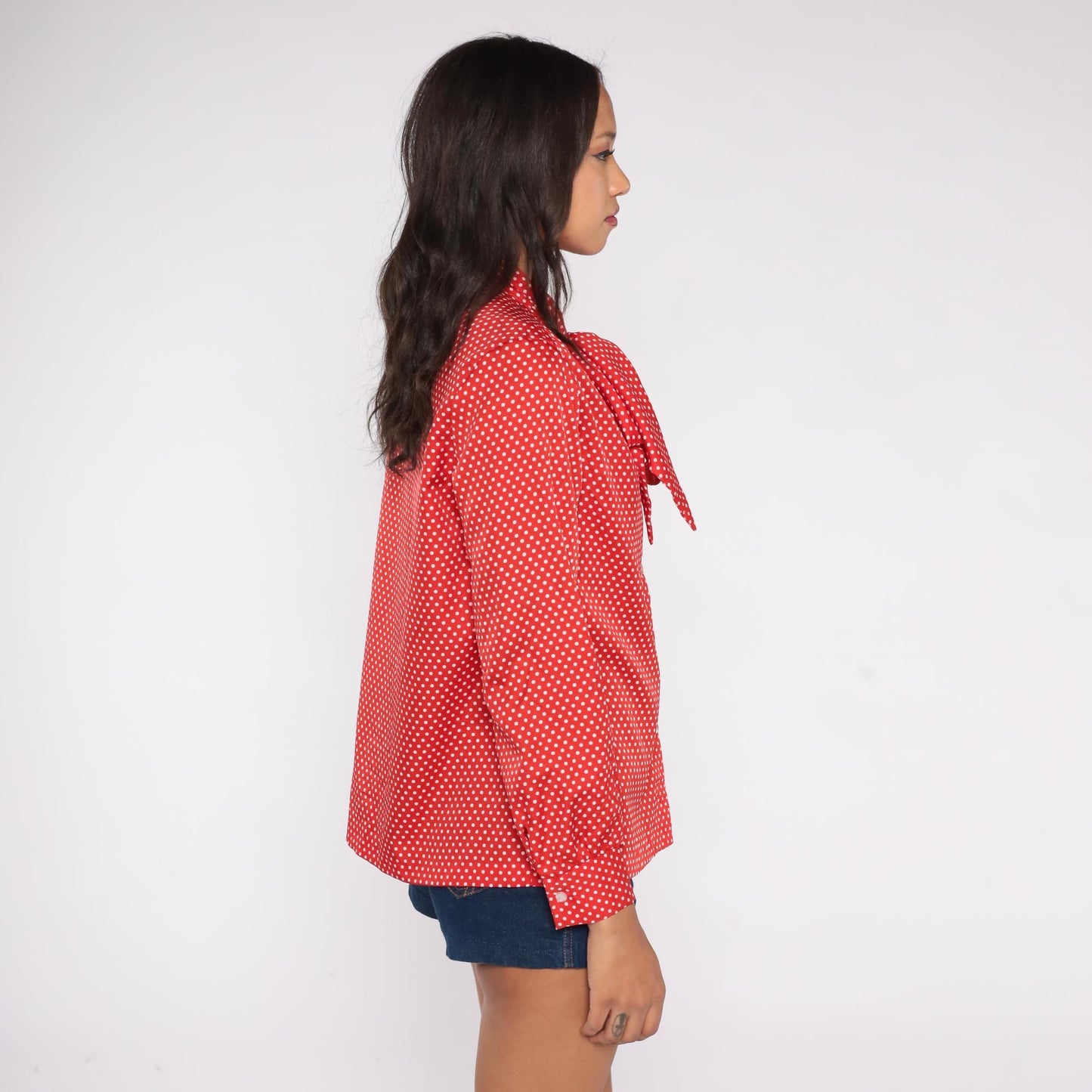 80s Lee Mar of California Red Polka Dot Pussy Bow Blouse Medium