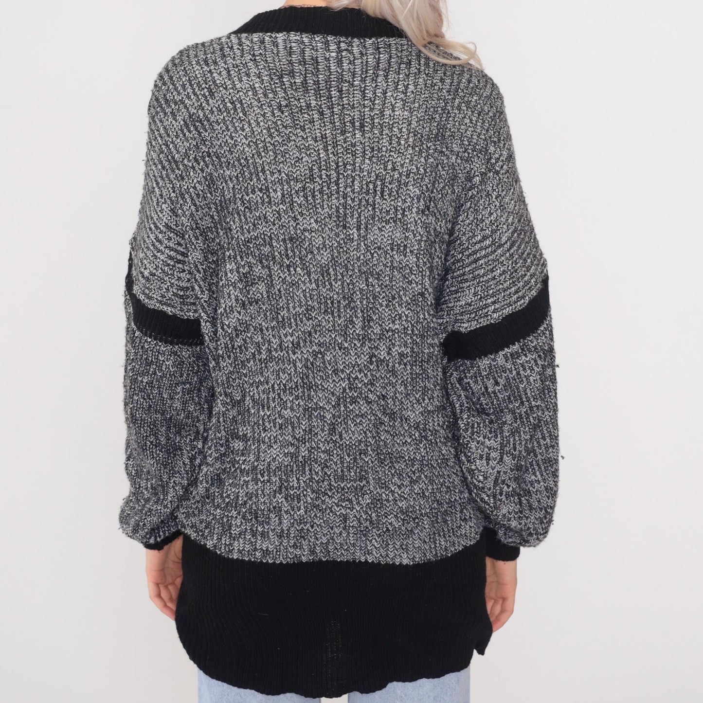 80s Studded Suede Patch Chunky Knit Sweater Grey Black Tunic One Size