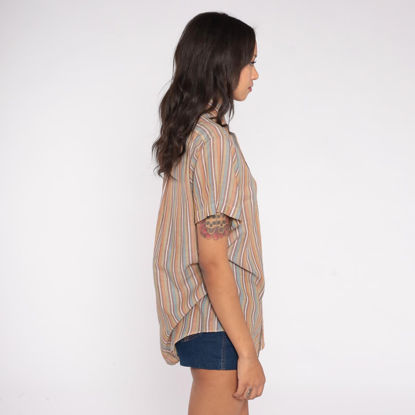 80s Exclusive Multicolor Striped Button-Down Shirt Tan Blue Peach Medium