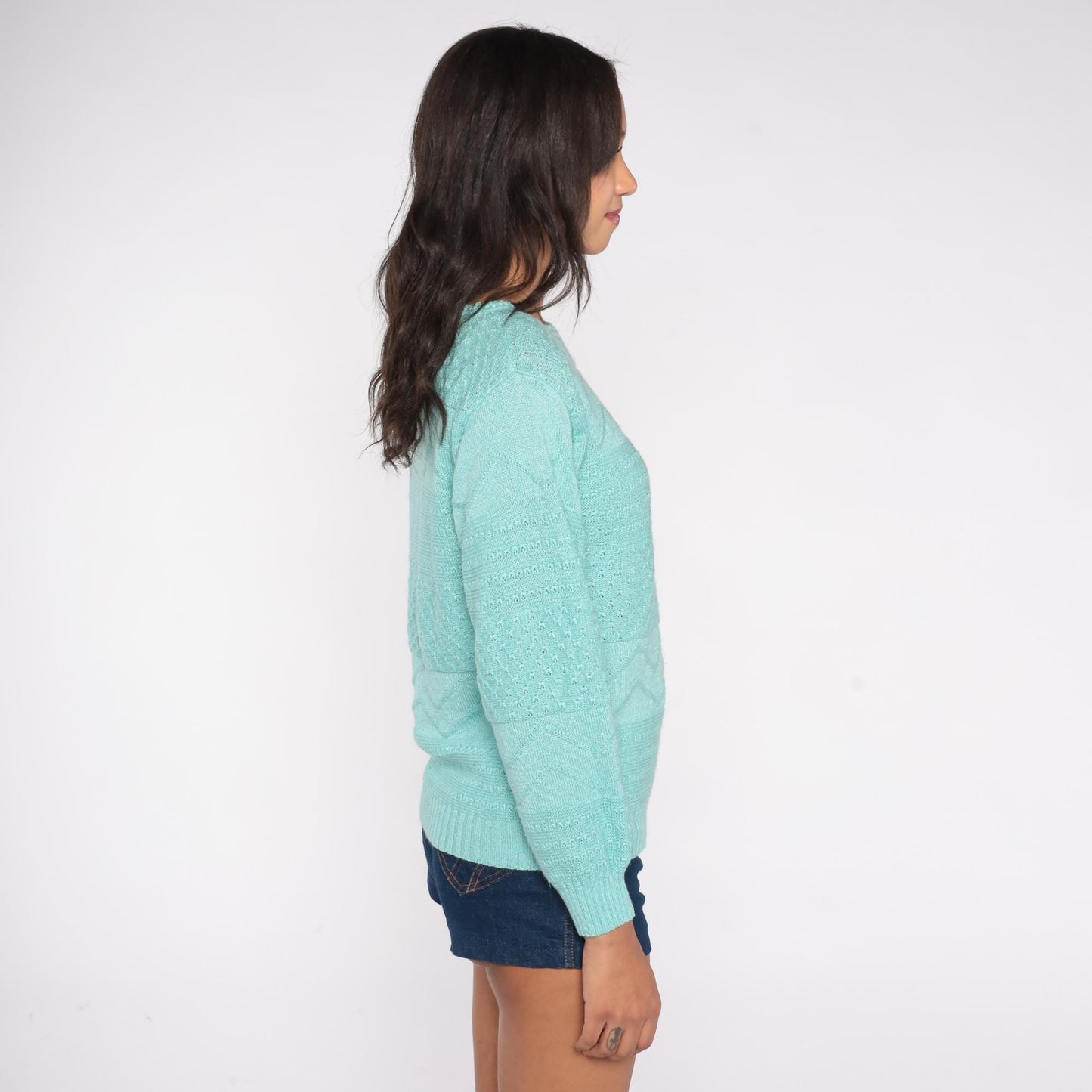 80s Cuddle Knit Mint Green Pointelle Sweater Crew Neck Long Sleeve Medium M