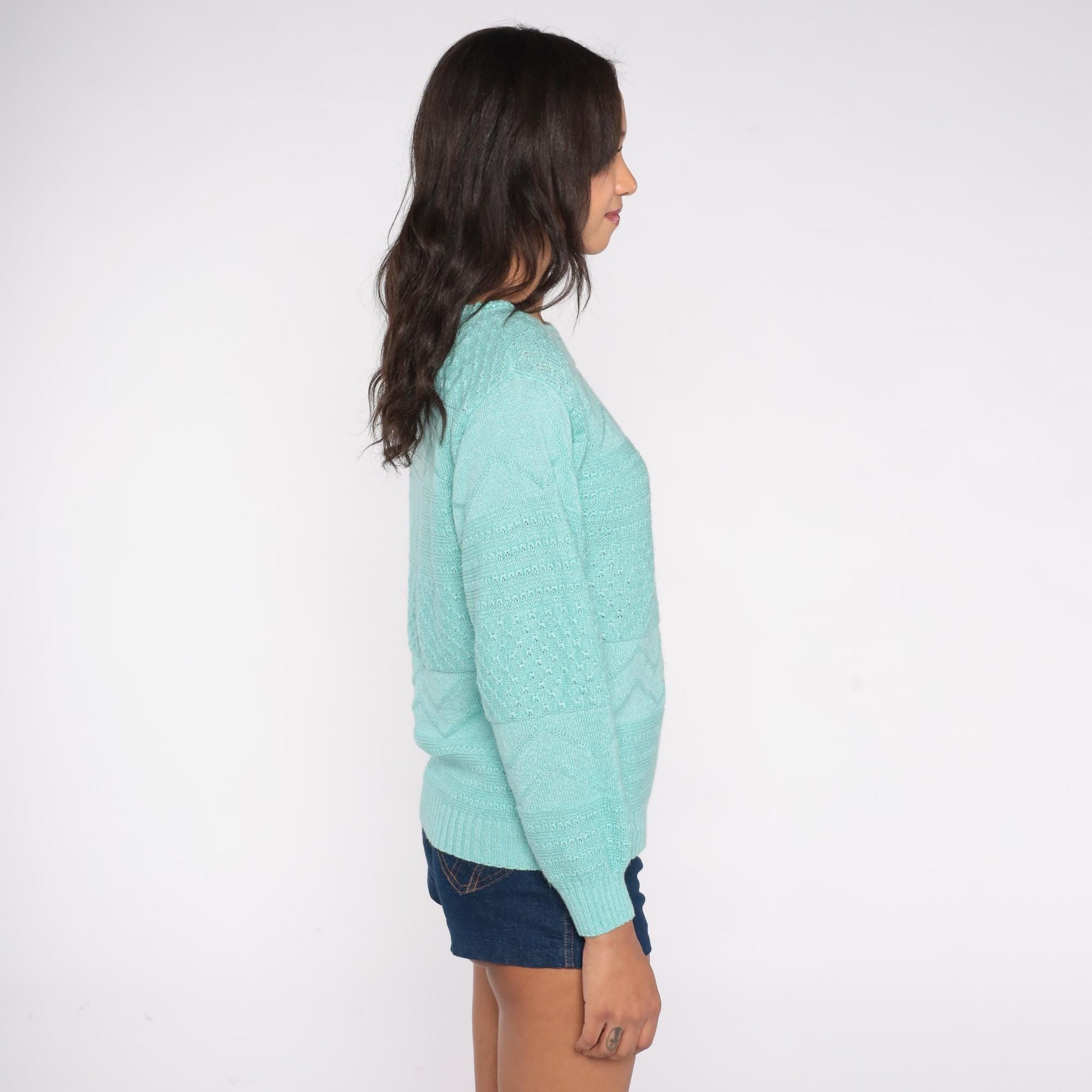 80s Cuddle Knit Mint Green Pointelle Sweater Crew Neck Long Sleeve Medium M
