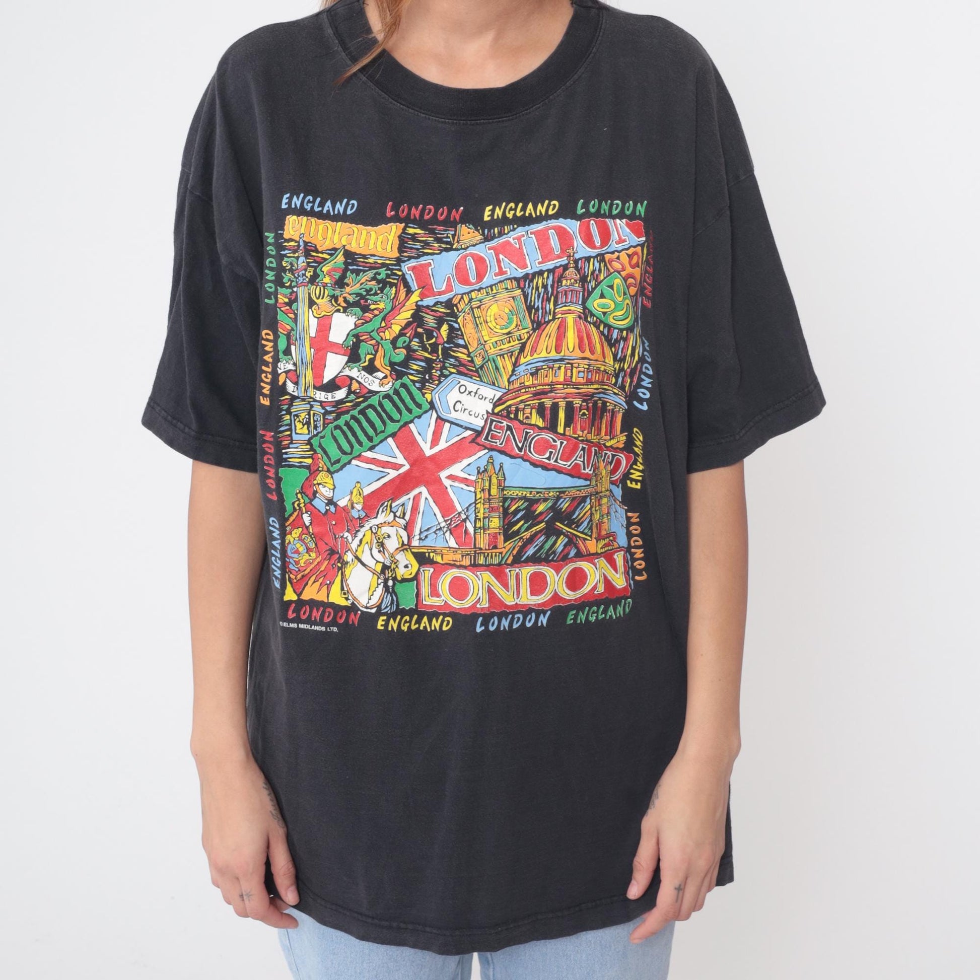 90s London Tourist Graphic Tee Black Union Jack Big Ben Extra Large XL