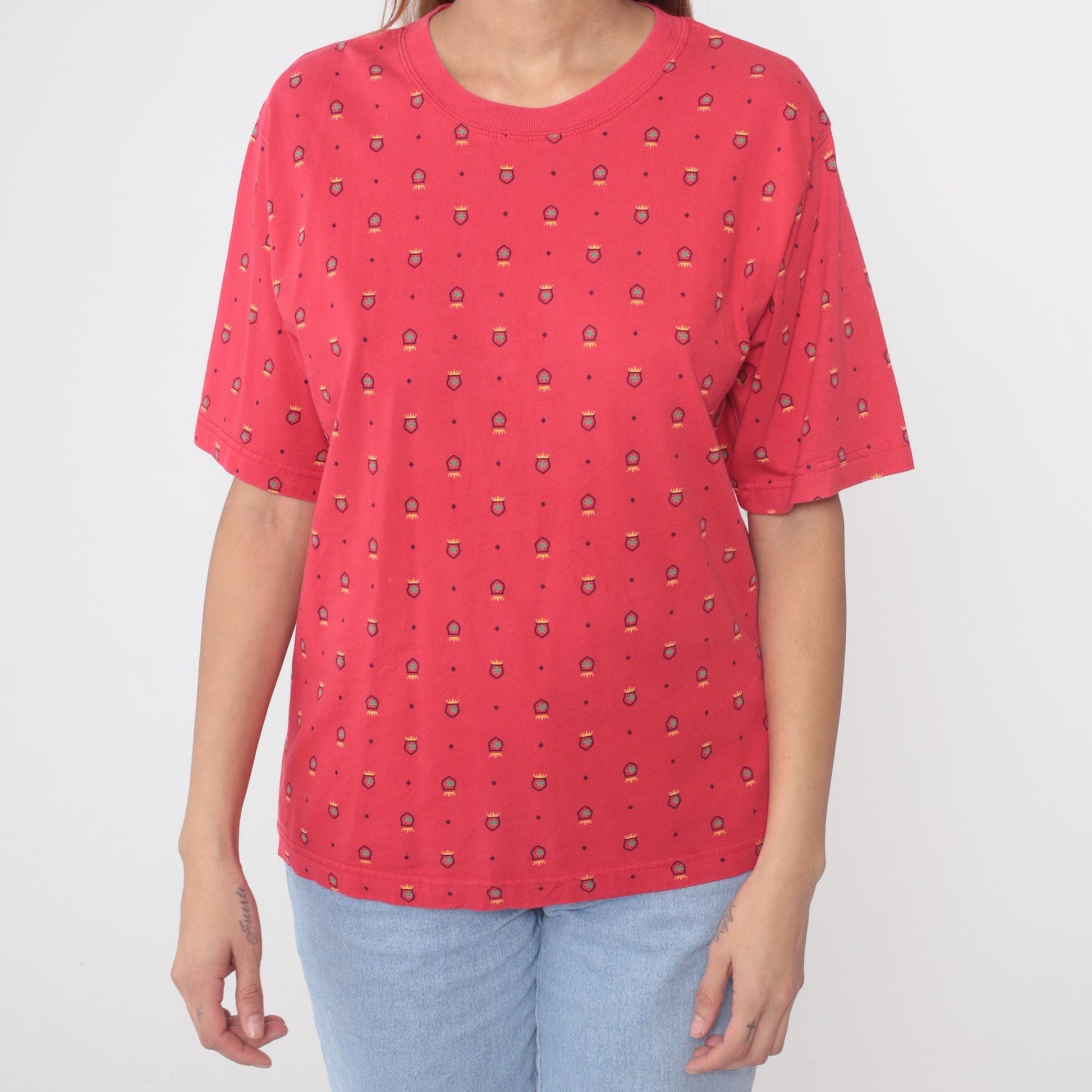 90s Talbot's Red Shield Crest Print Cotton T-Shirt Medium M