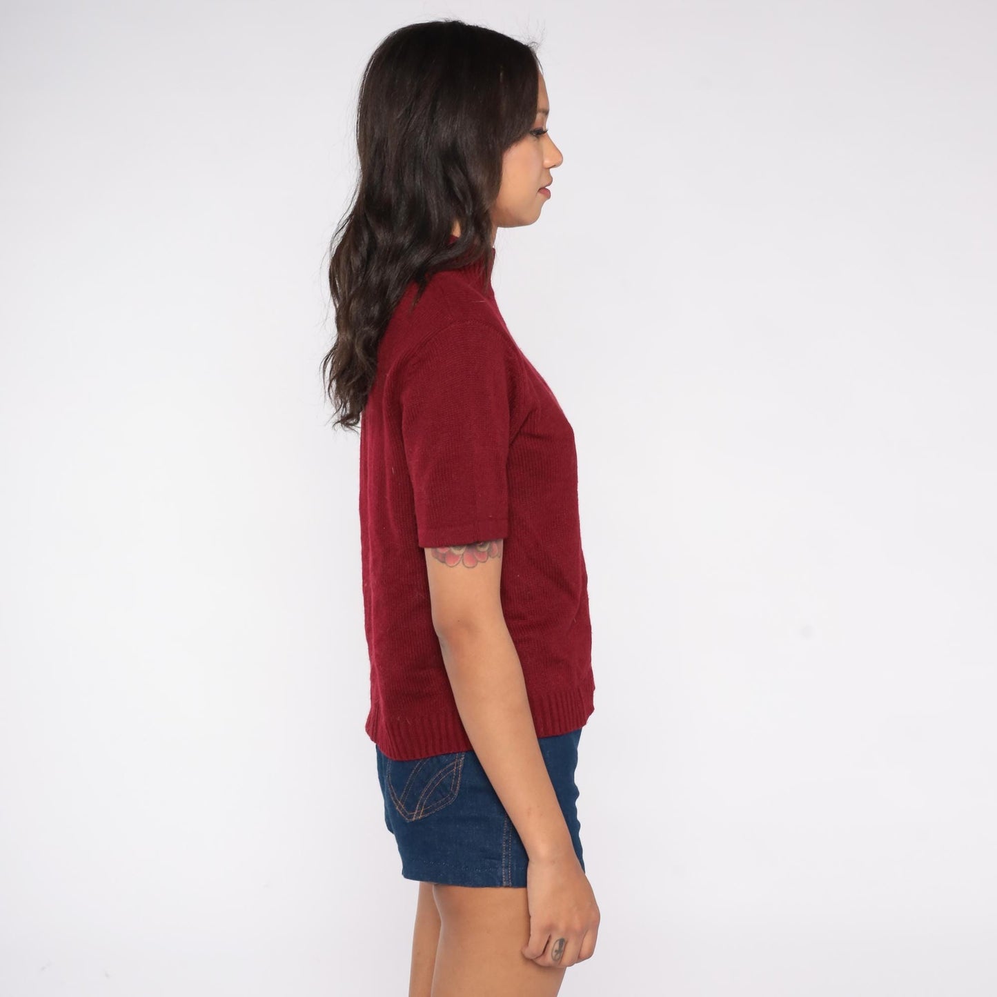 80s Joan Leslie Burgundy Mock Neck Ribbed Knit Top Short Sleeve Large L