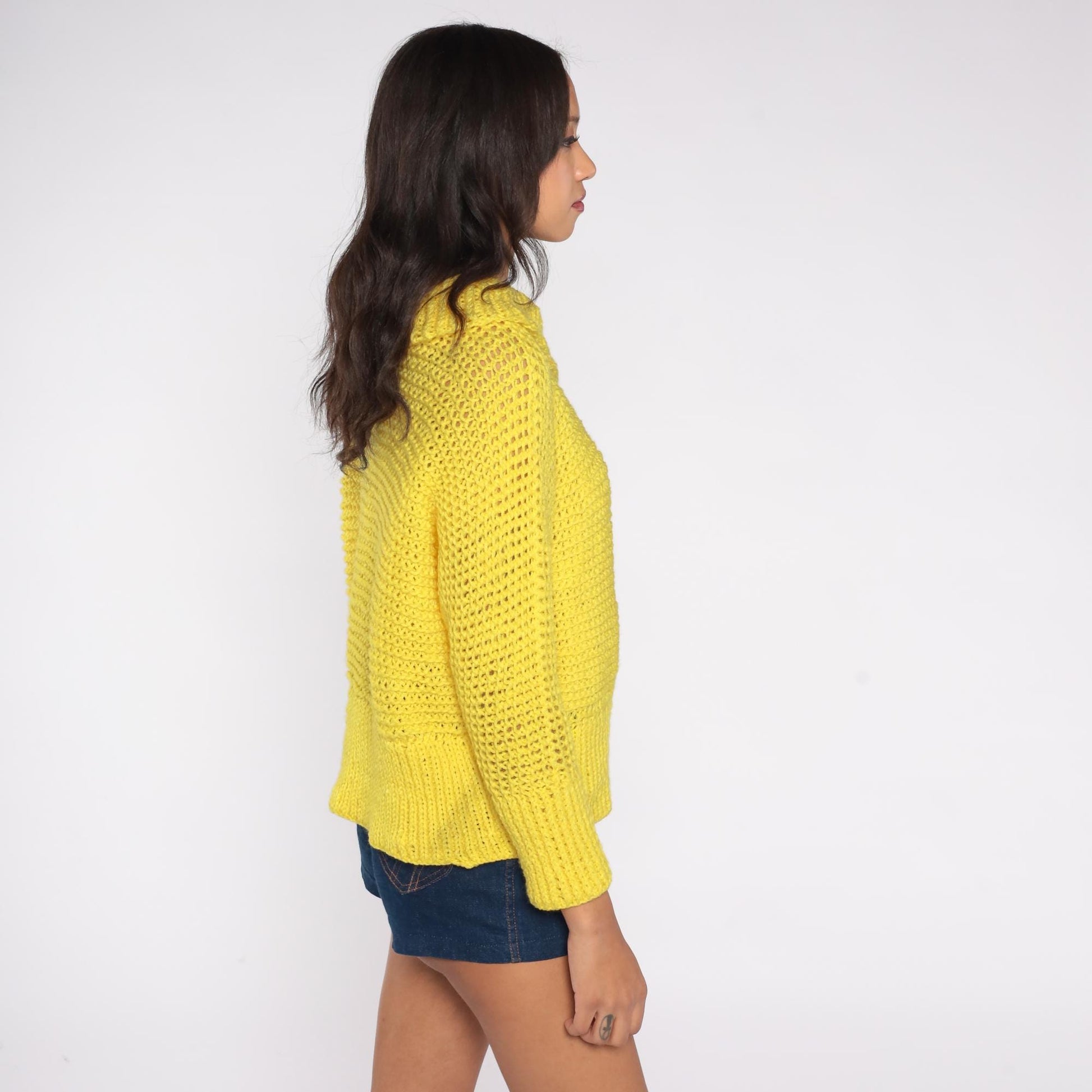 80s Yellow Open Knit Cowl Neck Sweater Long Sleeve Medium