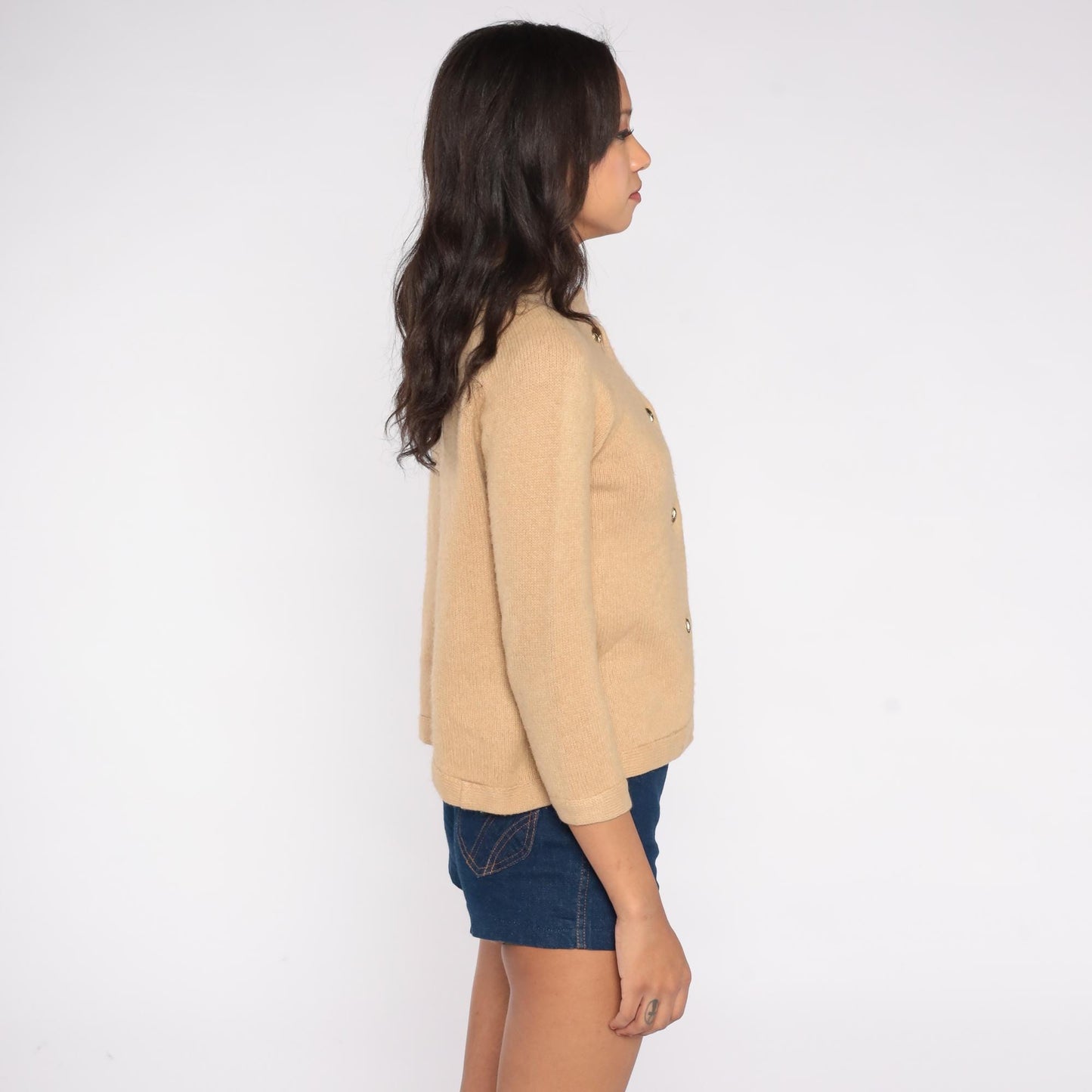 60s I. Magnin Camel Hair Cardigan Tan Gold Button Crew Neck XS