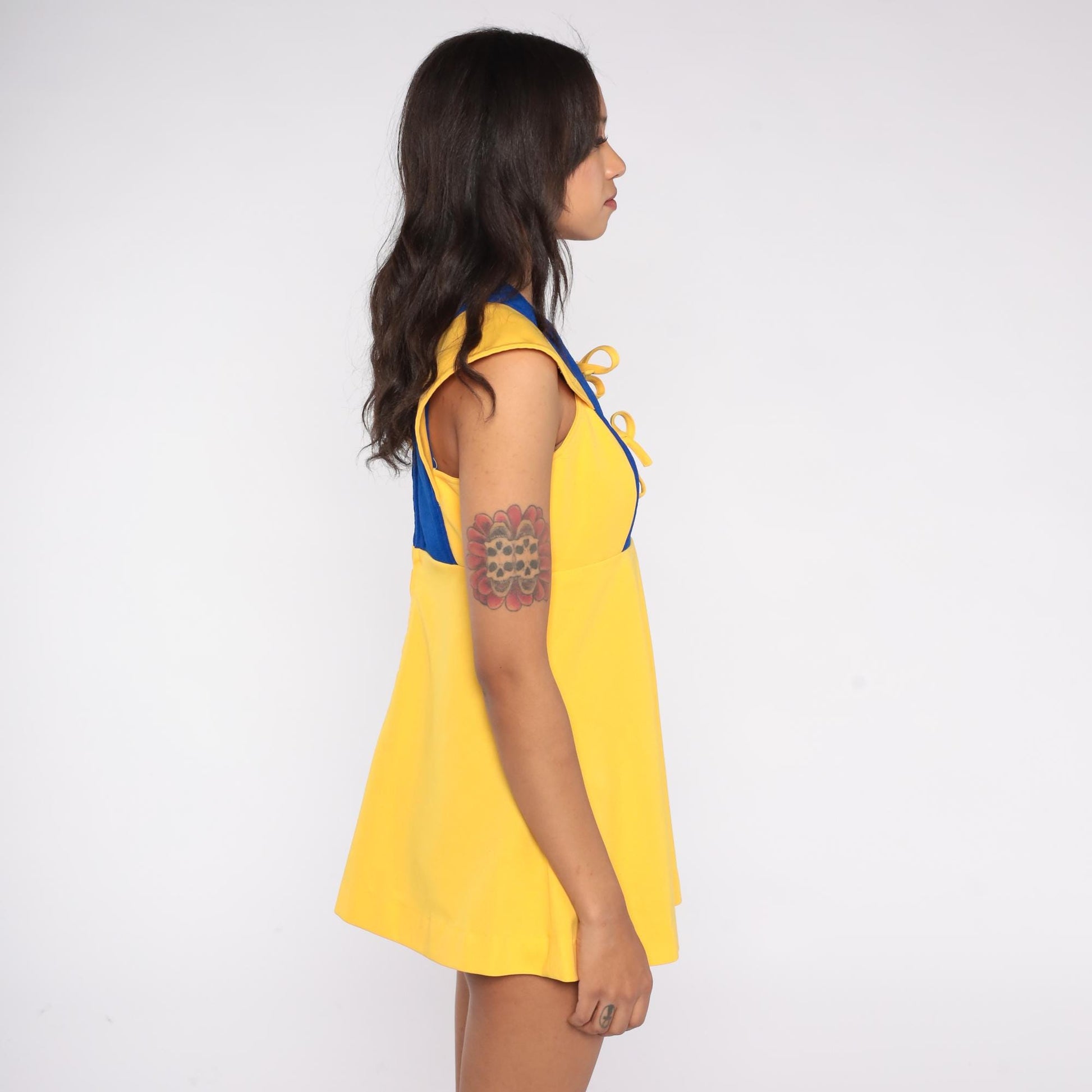 60s Space Age Color Block Mini Dress Yellow Blue Flutter Sleeve Small
