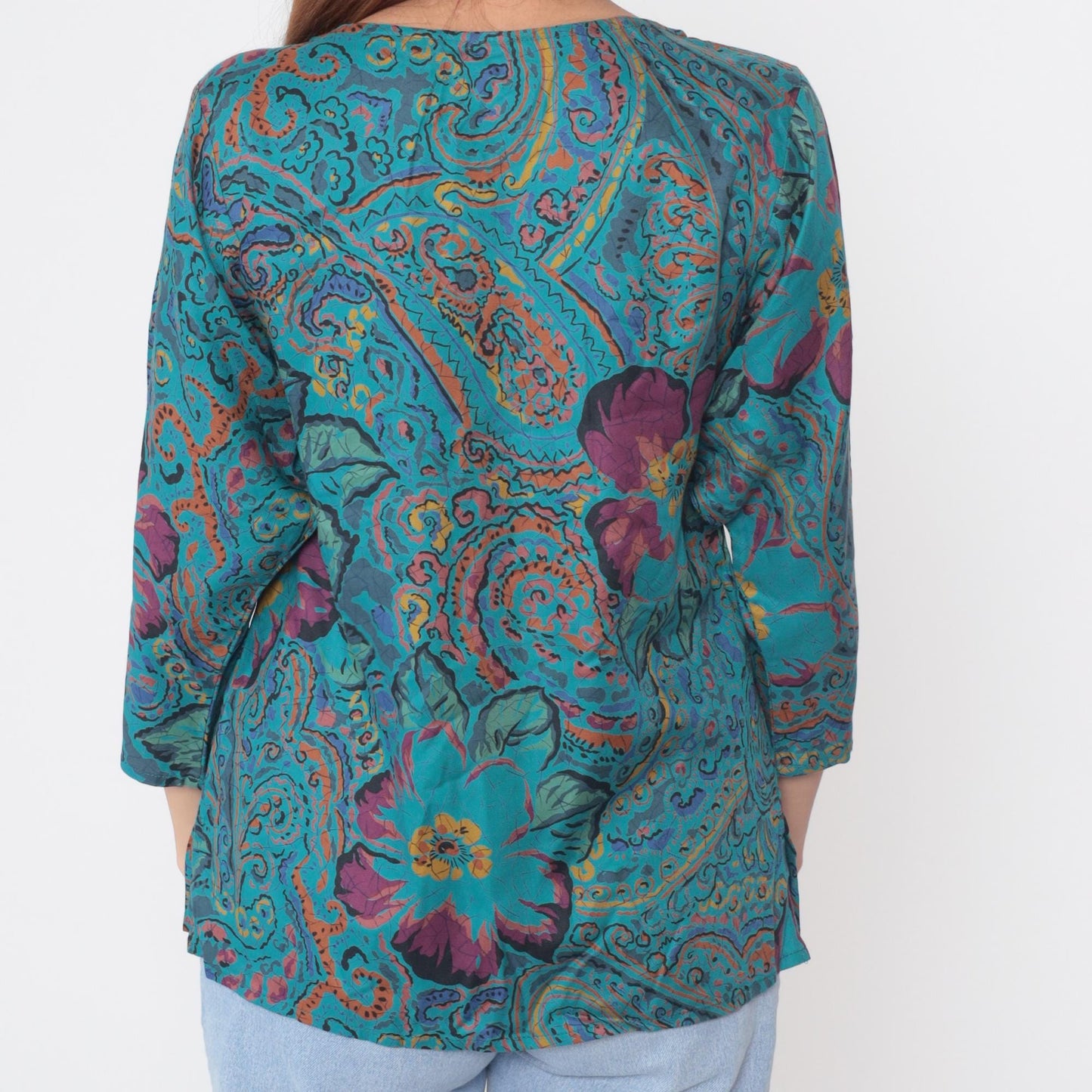 90s Bianca Paisley Floral Blouse Teal Purple Orange Rayon Medium