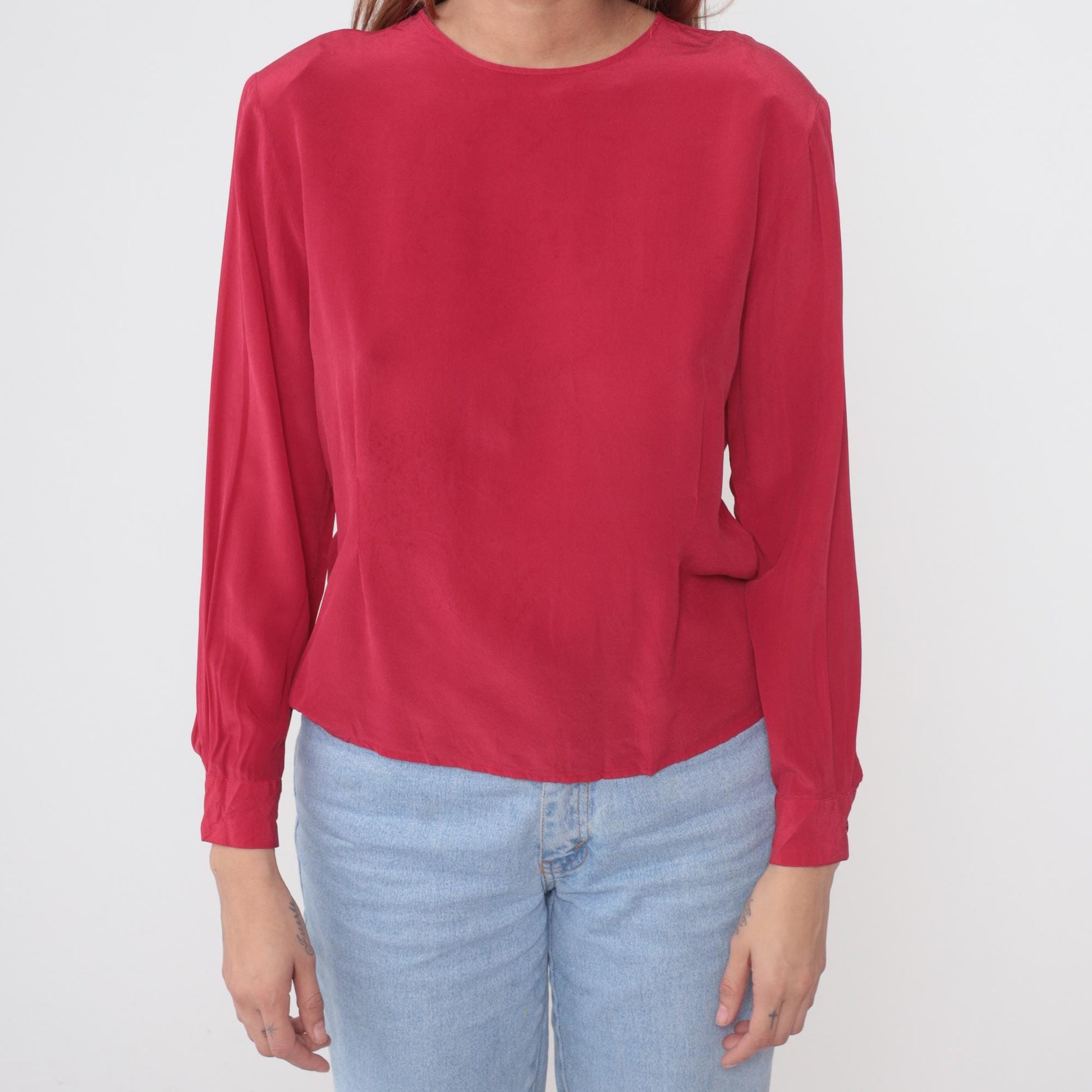 90s Clio Red Silk Blouse Keyhole Back Button Cuff Medium M