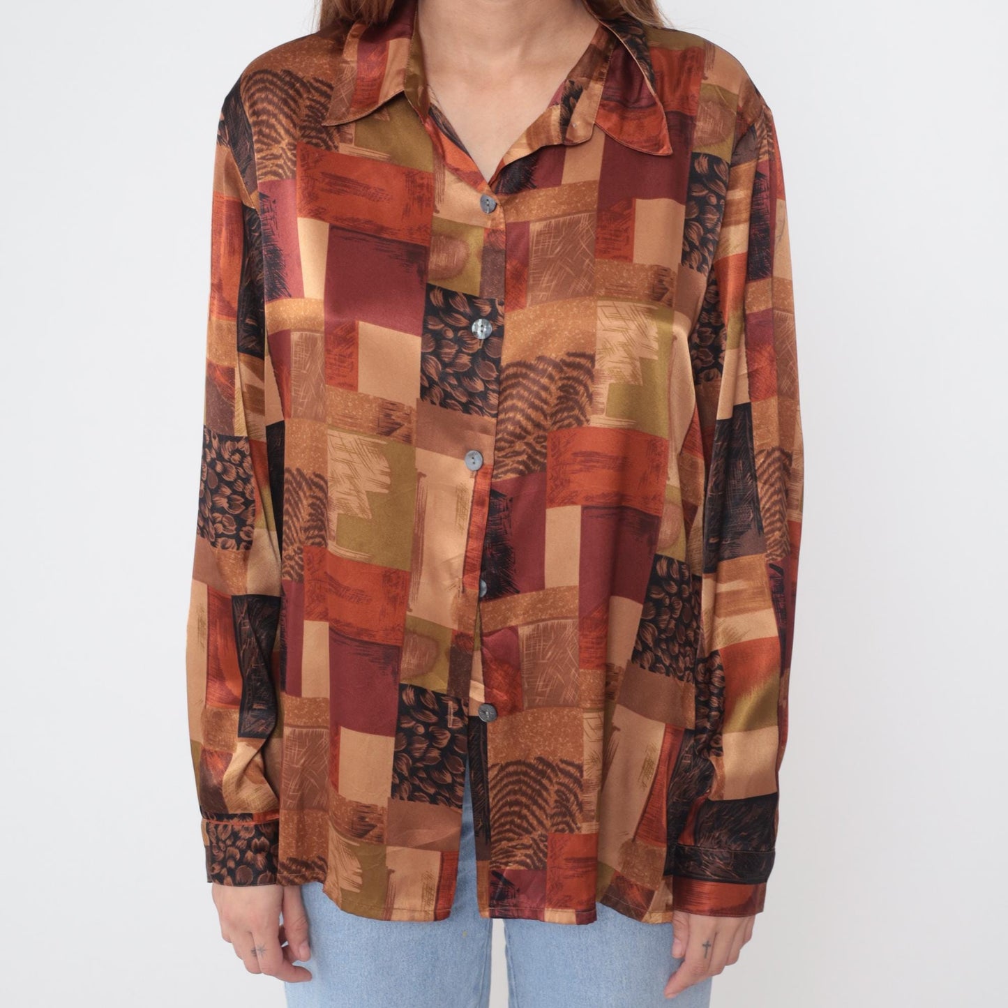 90s Abstract Geometric Patchwork Button-Up Shirt Brown Rust Long Sleeve Large